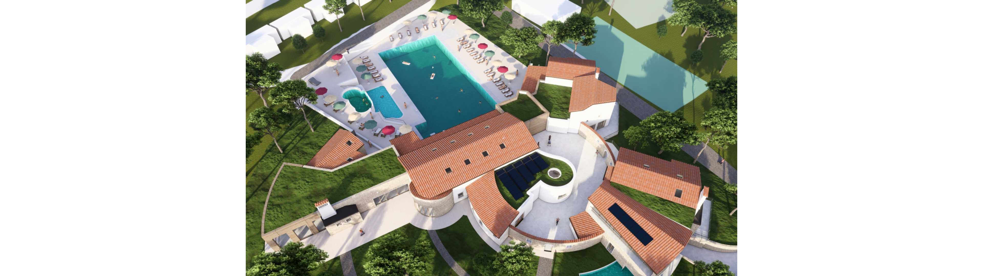 A large resort-style swimming pool complex is shown from an aerial perspective. Multiple pools of varying sizes are surrounded by sun loungers, umbrellas, and landscaped green areas. The buildings feature terracotta-tiled roofs arranged in a contemporary, curved layout. The overall scene suggests a sunny, relaxing vacation destination with ample outdoor leisure space.