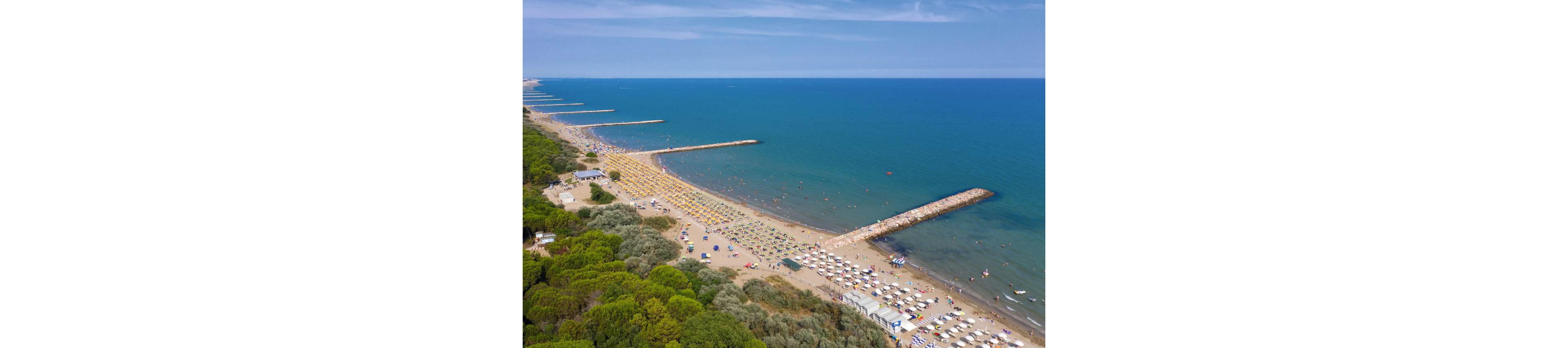A wide sandy beach is seen from above, lined with rows of umbrellas and sun loungers. Numerous people relax on the shore and swim in the calm blue sea. Long stone breakwaters extend into the water, creating sheltered swimming areas along the coastline. Dense green trees border the beach, contrasting with the golden sand and turquoise water.