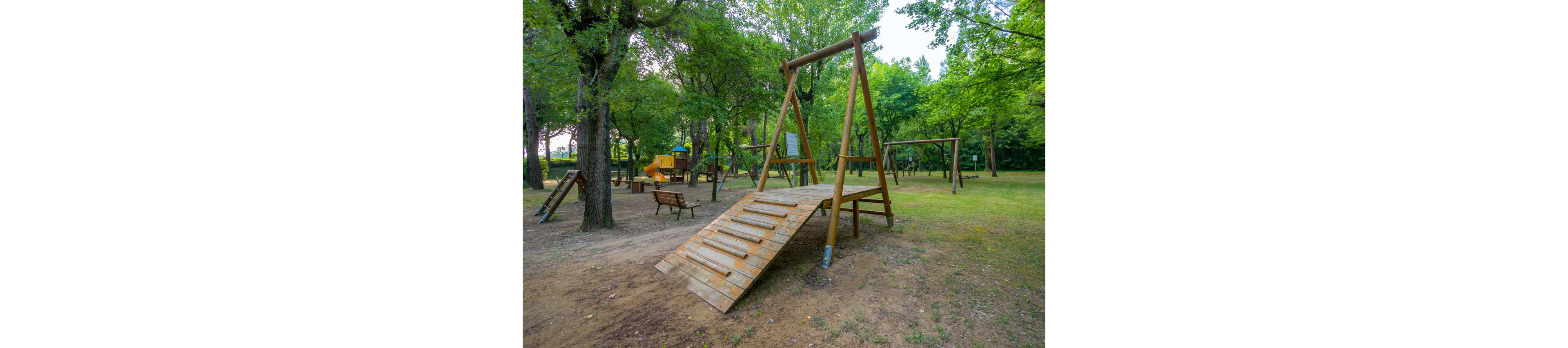 A wooden climbing ramp and swing structure stands in an open park surrounded by tall green trees. The playground area includes additional play equipment and benches scattered across the grassy field. Soft natural light and lush foliage create a calm, inviting outdoor atmosphere. The scene appears quiet and empty, emphasizing the play structures and natural setting.