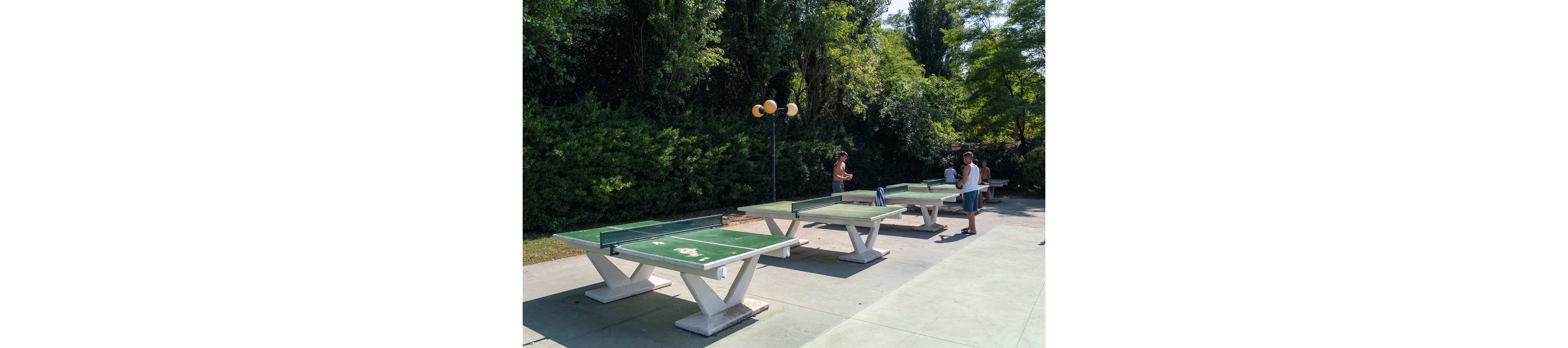 Several people play table tennis on multiple outdoor tables in a sunny park setting. The concrete tables are arranged in a row on a paved area surrounded by dense green trees and bushes. A few players stand ready with paddles while others watch or rest nearby. Warm daylight and clear skies create a relaxed, recreational atmosphere.