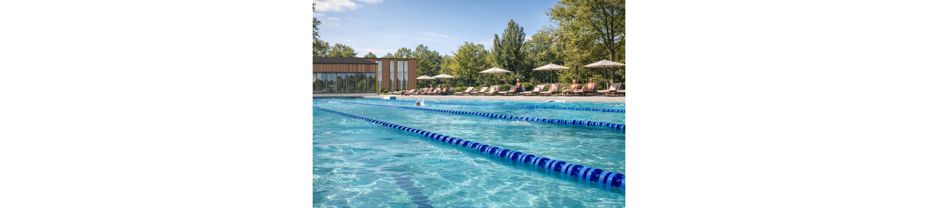 A large outdoor swimming pool with marked swim lanes stretches across the foreground under a clear blue sky. In the background, people relax on lounge chairs beneath umbrellas near a modern building with tall windows. Trees and greenery surround the pool area, creating a calm and inviting atmosphere. The scene suggests leisure, recreation, and warm weather at a public or resort-style pool.