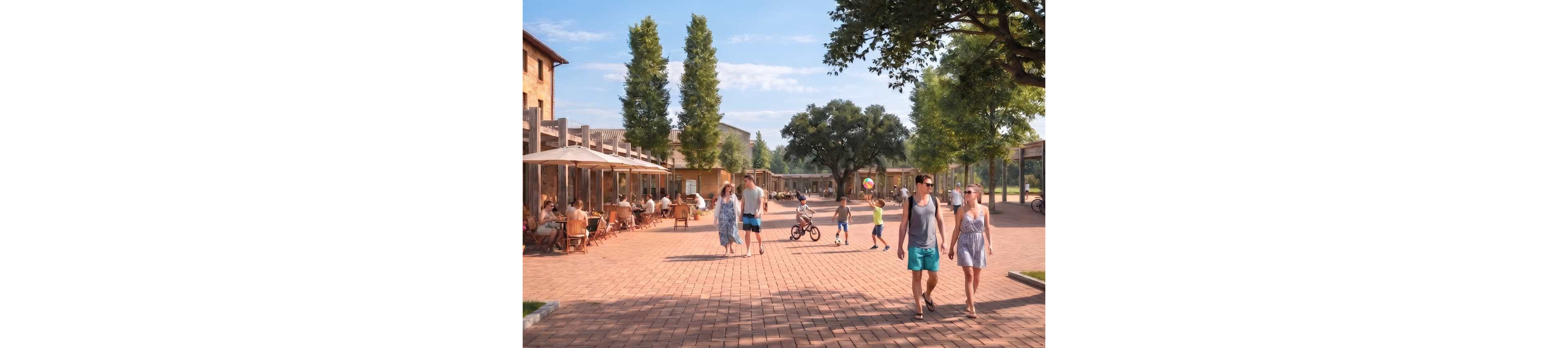 A lively pedestrian plaza shows families and couples enjoying a sunny day. People walk along a wide brick walkway lined with outdoor café seating and umbrellas. Children ride bicycles and play with a colorful beach ball near large trees and open green space. The scene feels relaxed and social, with warm light and clear blue sky suggesting a pleasant, leisurely atmosphere.