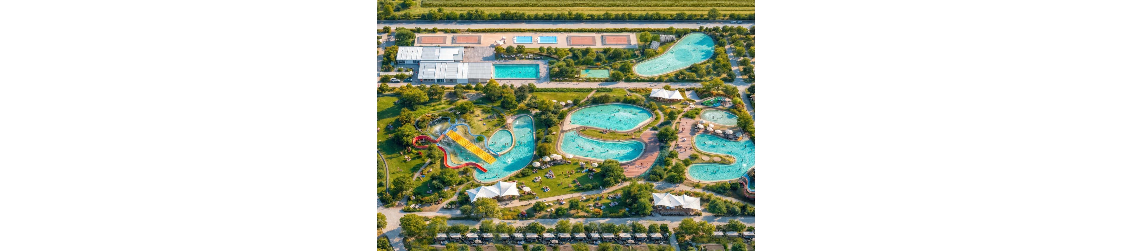 A large outdoor water park is captured from above, showing multiple turquoise pools and winding water slides. Visitors relax on sun loungers and under white shade canopies scattered across the grassy park. Trees and landscaped paths divide the pools, play areas, and open lawns. In the background, additional rectangular pools and sports courts are visible near surrounding fields.