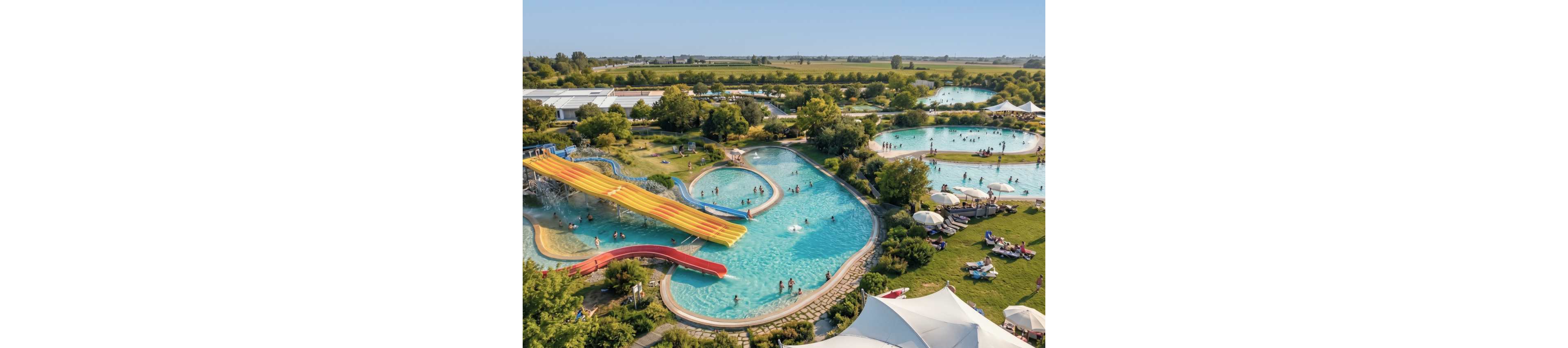 A large outdoor water park features multiple interconnected swimming pools filled with visitors enjoying the water. Several colorful water slides curve into the main pool, while people relax on lounge chairs and under umbrellas along the grassy edges. The surrounding landscape includes trees, open fields, and additional pools or ponds in the distance. The scene is bright and sunny, creating a lively vacation atmosphere.