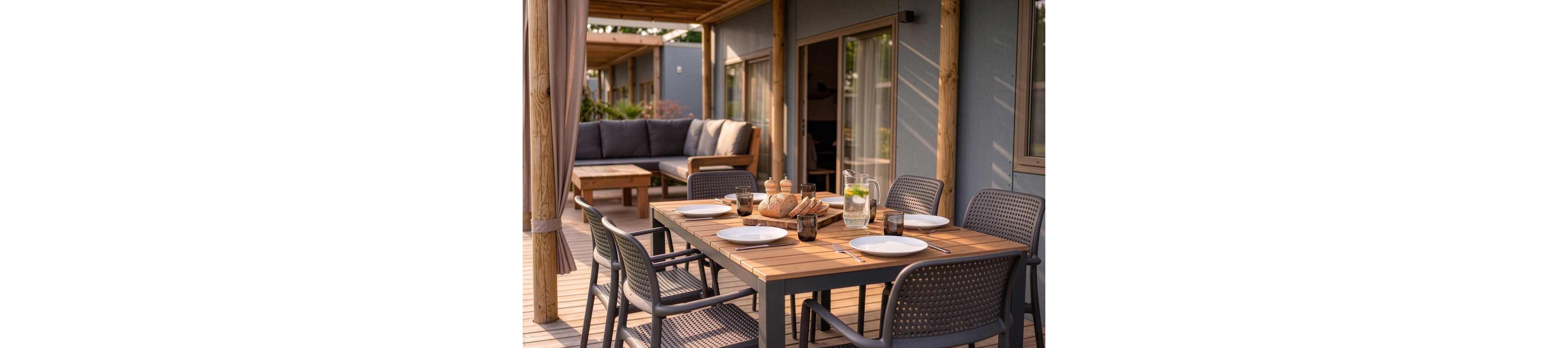 A wooden outdoor dining table is neatly set with white plates, glasses, and a pitcher of water with lemon on a sunny patio. Bread and condiments are arranged in the center, suggesting a casual meal or gathering. Modern chairs surround the table, and a comfortable sofa seating area is visible in the background. The scene is warm and inviting, with soft natural light and a relaxed atmosphere.
