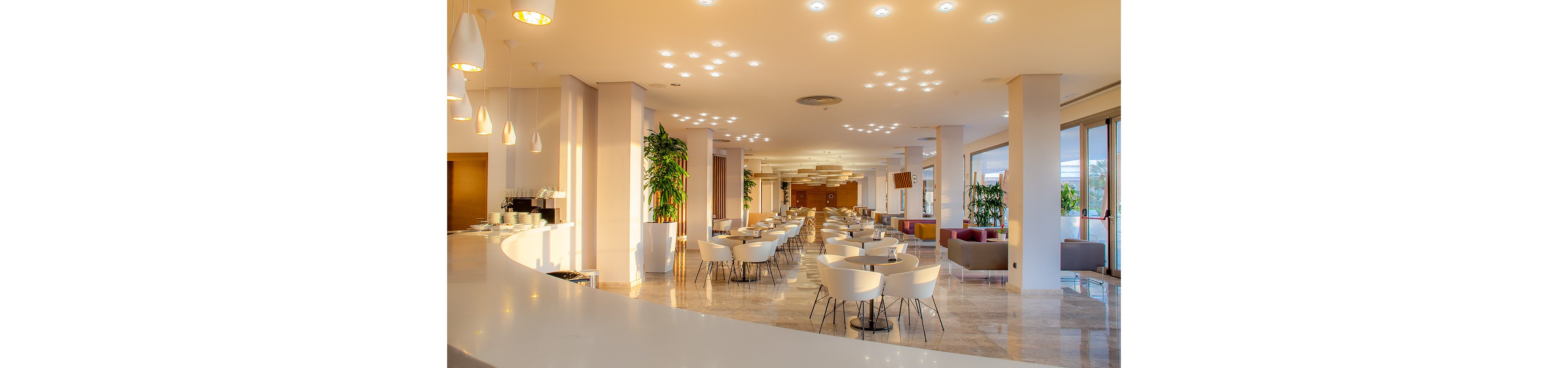 Spacious contemporary restaurant interior with rows of white tables and chairs is bathed in warm morning or evening sunlight. Large floor-to-ceiling windows line one side, offering views outside and filling the space with natural light. Pendant lights and recessed ceiling lights create a soft, inviting glow across the polished floor. Green potted plants and neutral-toned sofas add warmth and comfort to the modern design.
