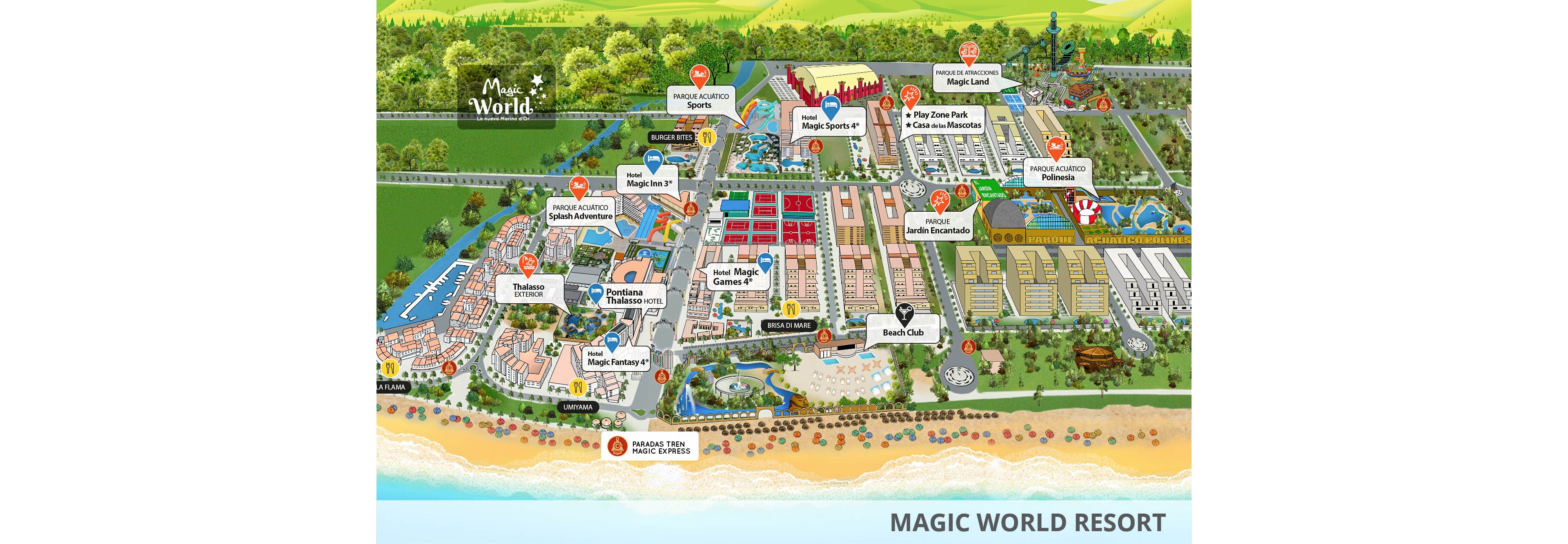 Colorful illustrated map of a coastal resort and theme park labeled Magic World. The layout shows hotels, pools, sports areas, play zones, and entertainment venues arranged between a sandy beach and inland attractions. Key locations such as Magic Land, Magic Sports, Magic Inn, Beach Club, and Magic Fantasy are marked with icons and text. A bright blue sea, green landscaped areas, and detailed pathways help guide visitors through the complex.