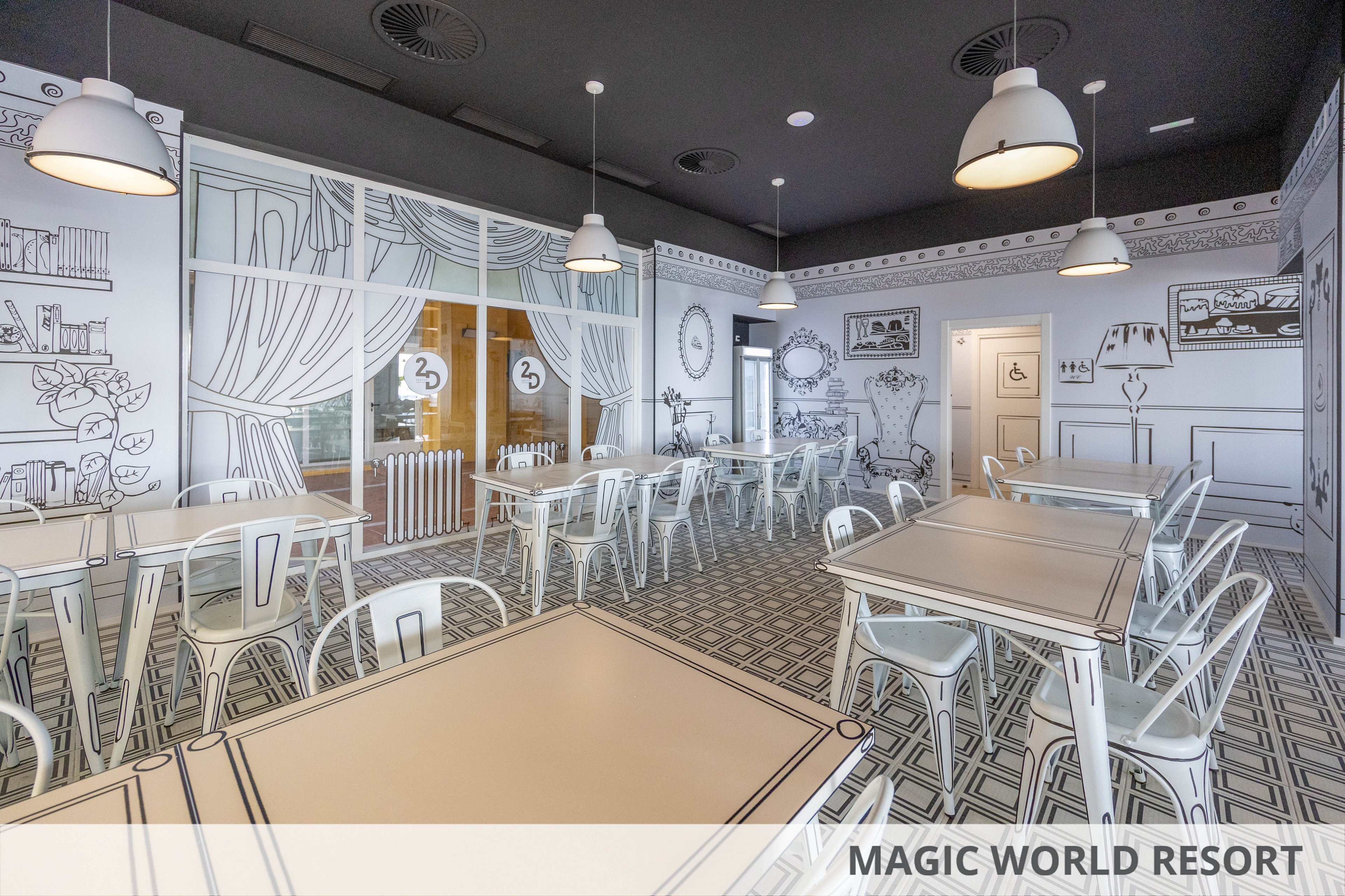 Stylized café interior featuring white tables and metal chairs is decorated with black line-art illustrations on the walls and furniture. The space has a monochrome palette with graphic drawings of curtains, windows, and decorative objects creating a cartoon-like atmosphere. Pendant lights hang from a dark ceiling, illuminating the patterned floor and neatly arranged seating. The café appears quiet and empty, emphasizing the unique artistic design of the environment.