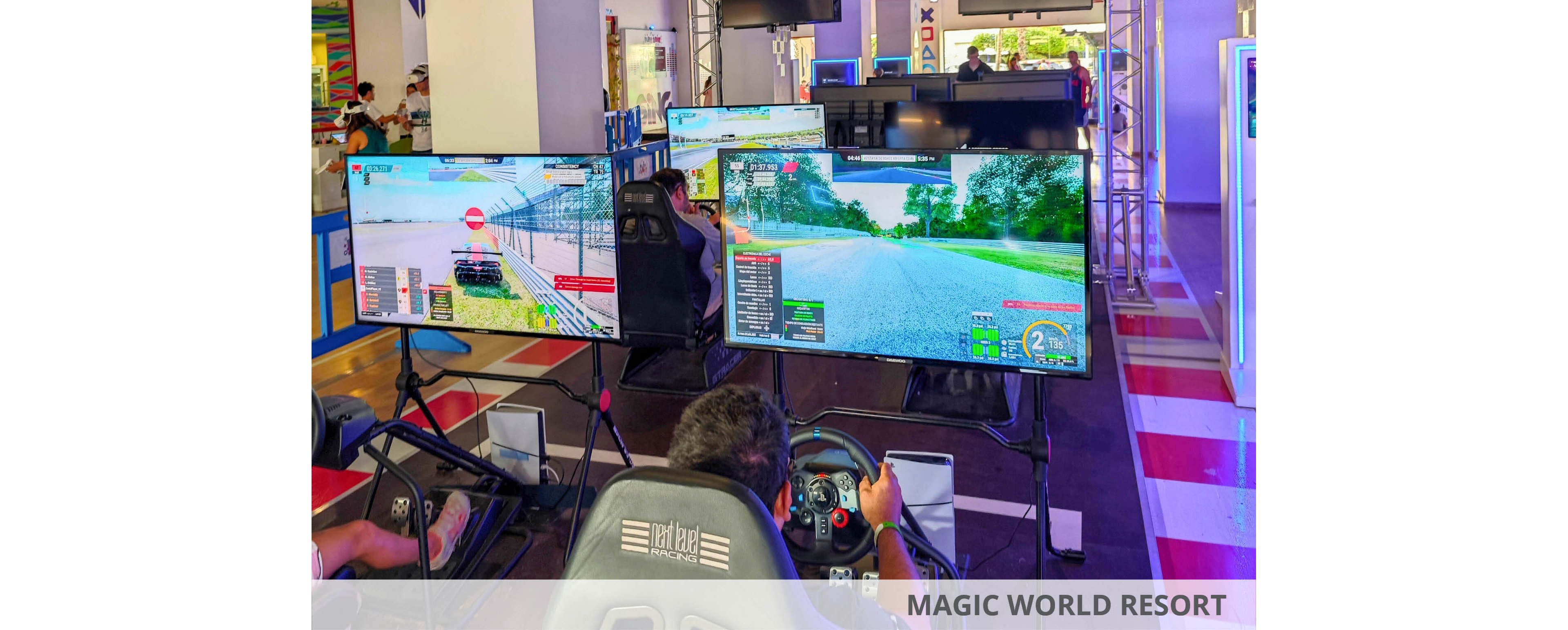 Children sit in racing simulator seats, steering virtual cars on large screens in an indoor arcade or gaming center. Multiple monitors display detailed racing game interfaces with tracks, dashboards, and speed indicators. The environment features bright lighting, colorful flooring, and various gaming stations in the background. The scene conveys an energetic, competitive atmosphere focused on immersive driving simulation.