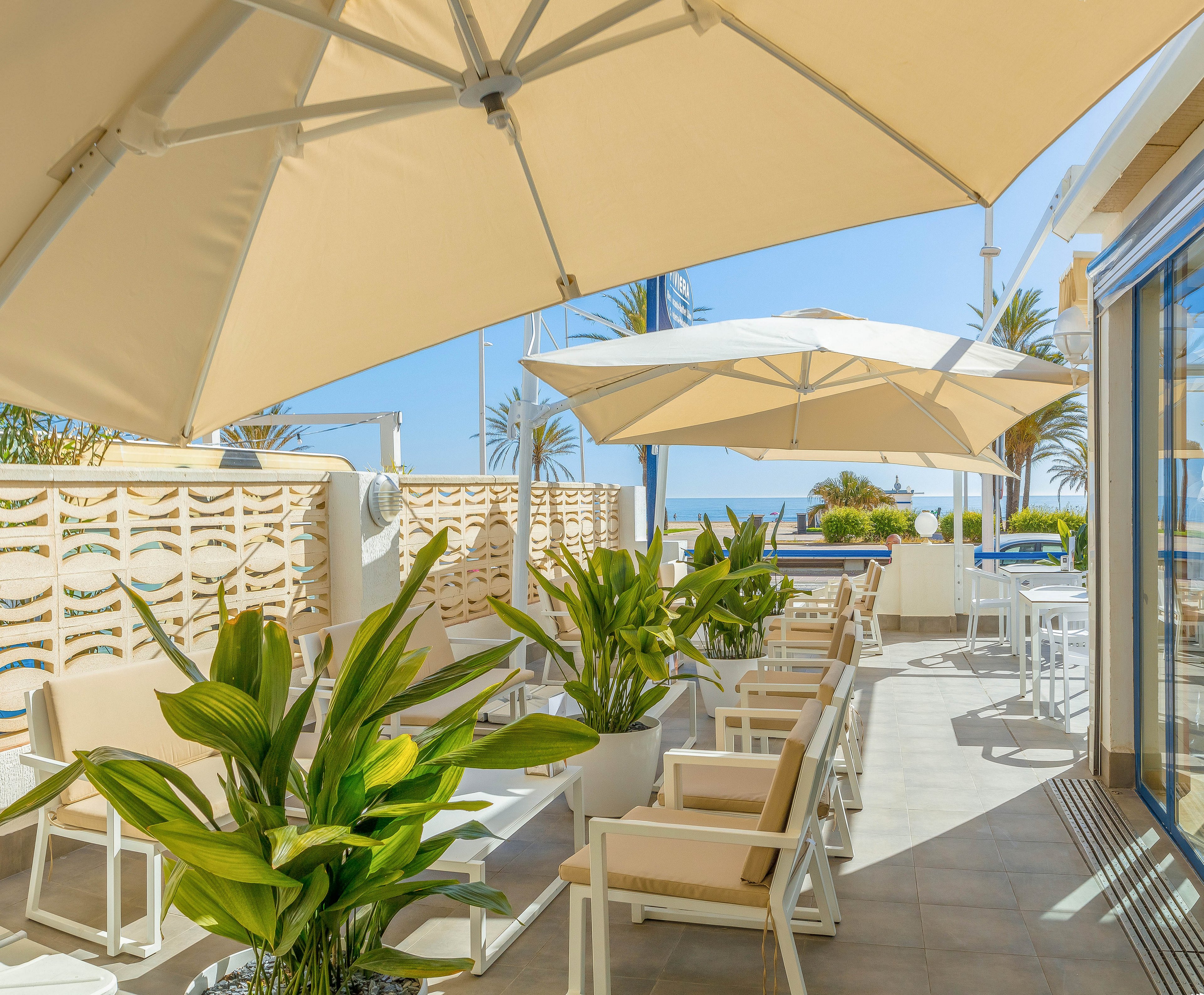An outdoor terrace with white chairs and tables sits under large cream-colored umbrellas on a bright sunny day. Potted green plants line the seating area, adding a fresh, tropical touch to the modern patio. A decorative privacy screen separates the terrace from the street, while palm trees and a glimpse of the sea are visible in the background. The scene suggests a relaxed coastal café or lounge setting with clean, contemporary design.