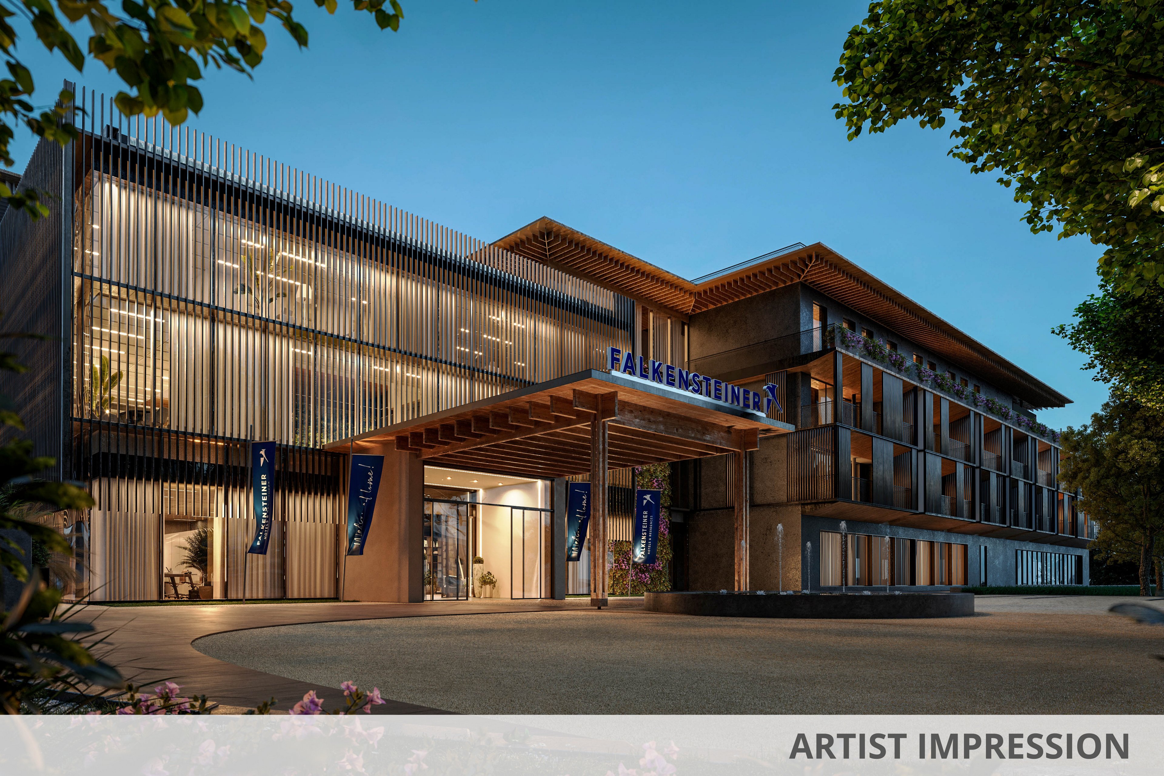 The image shows a contemporary hotel building with a sleek, multi-story facade and large glass windows. The entrance is well-lit, with visible signage reading 'Falkensteiner' above the doorway. The setting is outdoors during dusk, with soft lighting and landscaped surroundings. The overall mood is inviting and upscale, with a clean architectural style.