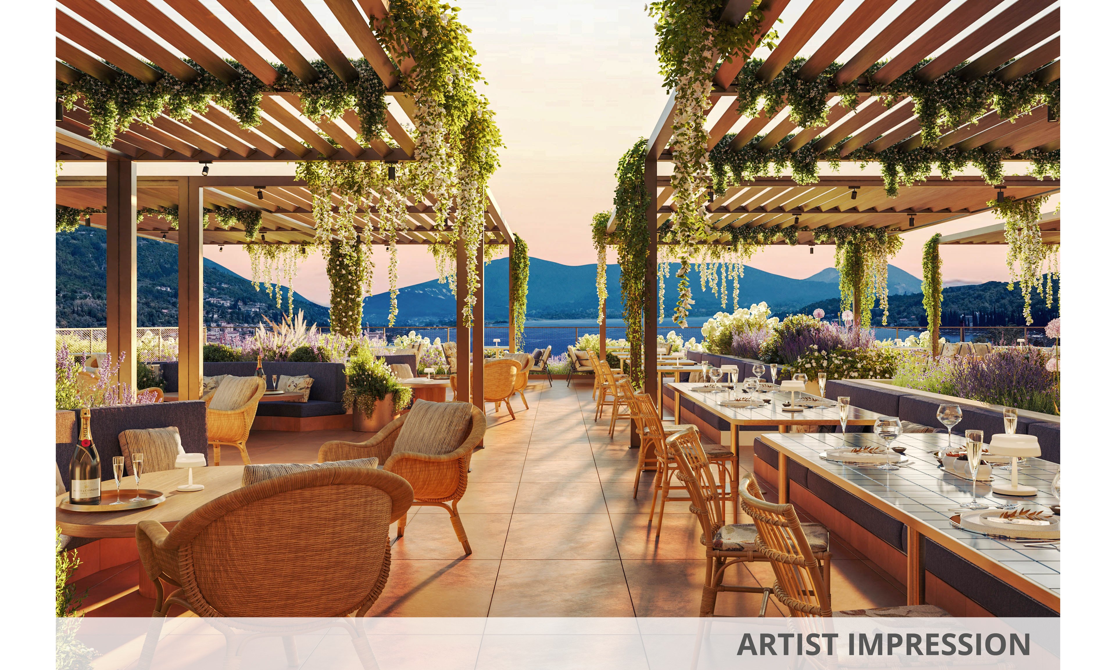 An elegant outdoor restaurant terrace features wooden pergolas adorned with lush green vines and hanging plants. Tables are set with glassware and plates, overlooking a picturesque mountain landscape at sunset. The warm lighting and natural decor create a relaxed, inviting atmosphere, with comfortable wicker chairs and long communal tables. No visible text or numbers are present in the image.