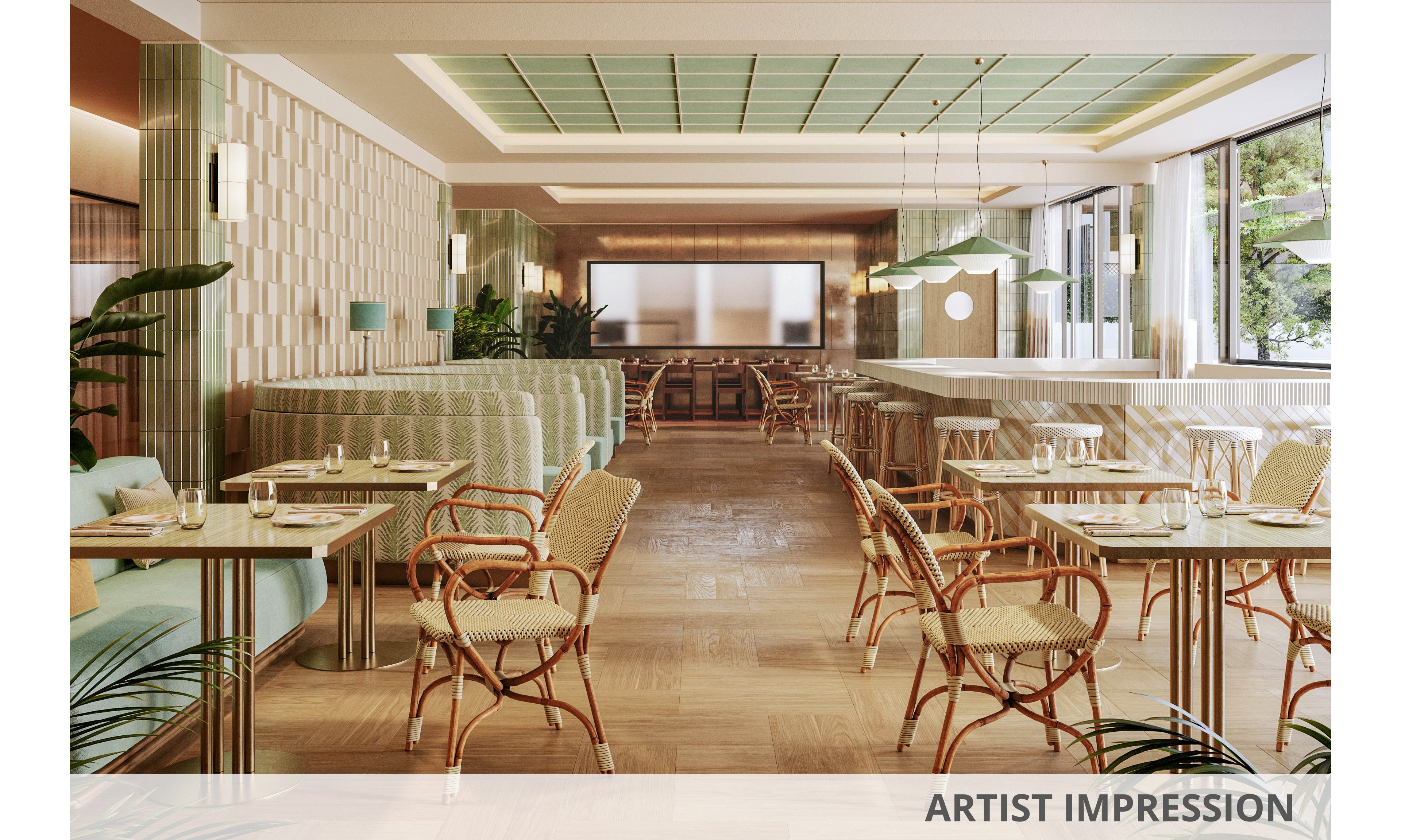 A spacious, contemporary restaurant features rattan chairs and glass-topped tables arranged neatly in a bright, sunlit dining area. Soft green and beige tones dominate the palette, complemented by large windows and lush indoor plants. The setting is calm and inviting, with natural light streaming in and elegant pendant lighting overhead. No visible people or text are present in the image.