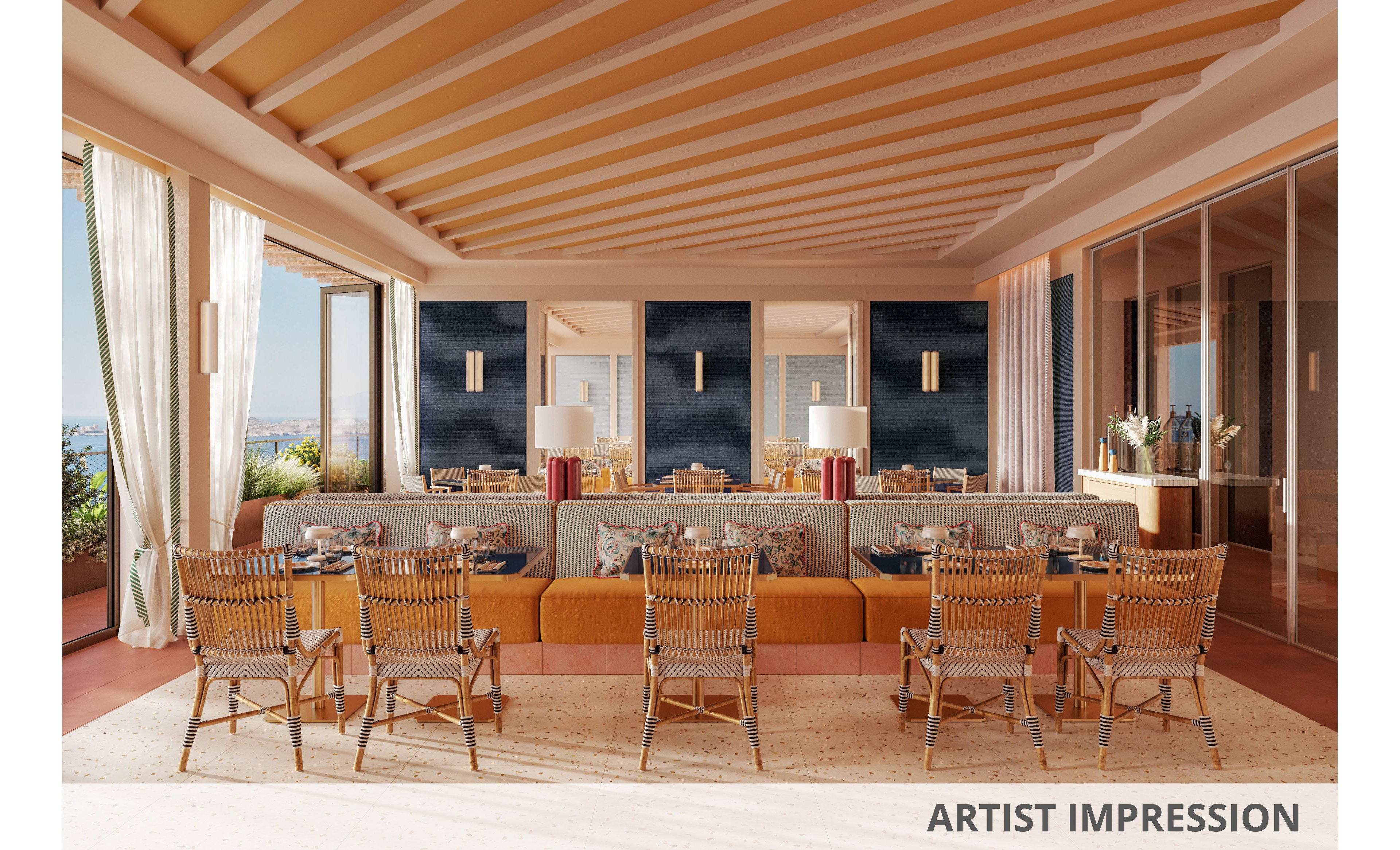 A stylish restaurant dining area features wooden chairs and tables arranged in a spacious, sunlit room. Large windows with sheer curtains allow natural light to flood the space, highlighting the warm earth tones and contemporary decor. The setting includes elegant table settings, decorative lamps, and a view of greenery outside. The overall mood is inviting and relaxed, with a modern coastal aesthetic.