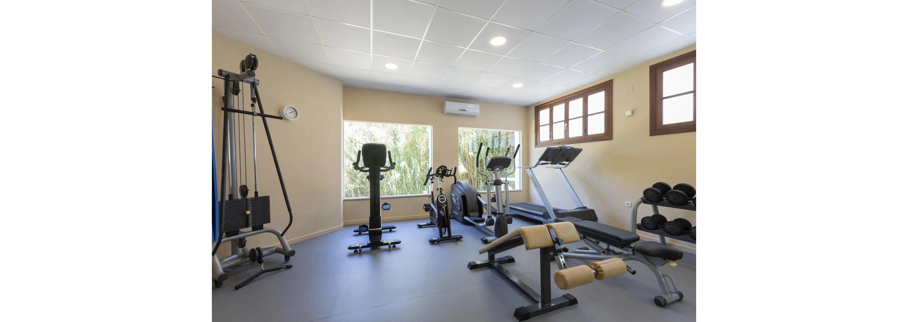 A compact home gym features various exercise machines neatly arranged in a bright room. Cardio equipment such as a stationary bike, treadmill, and elliptical trainer stand near large windows with views of greenery. Strength training machines, free weights, and benches are organized along the walls. The neutral-colored walls and ceiling lights create a clean, inviting workout environment.