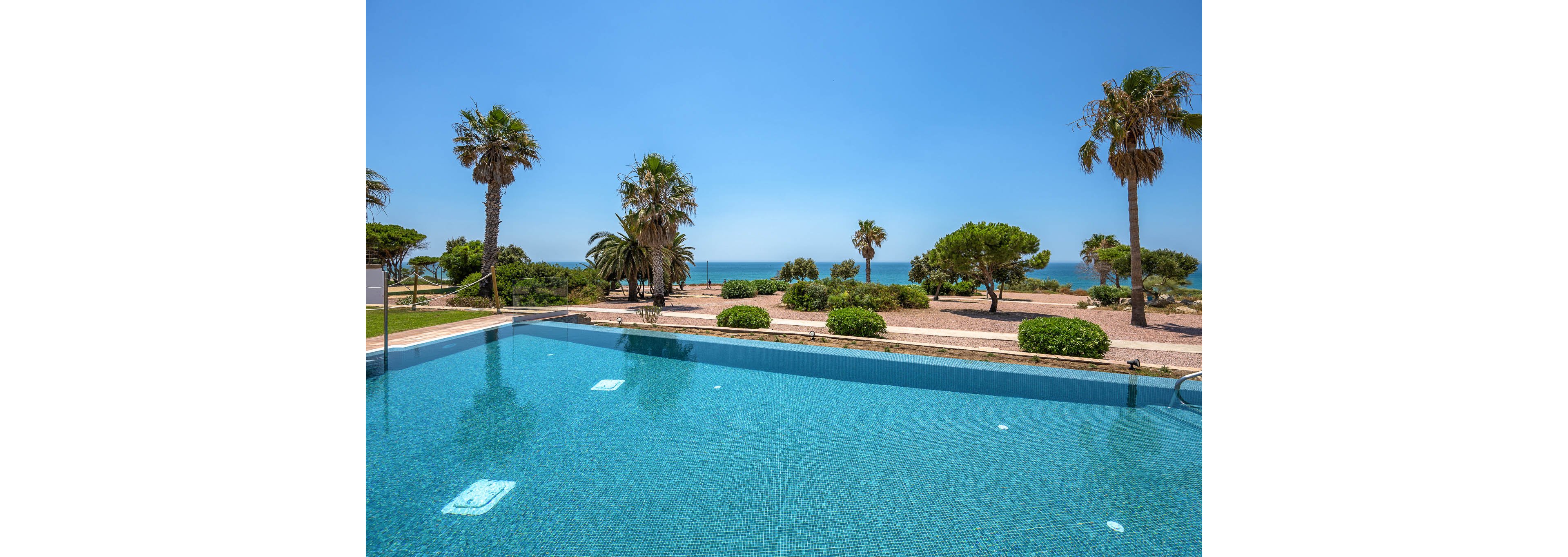 A clear blue infinity pool sits in the foreground, reflecting the bright midday sky. Beyond the pool, a sandy coastal path is lined with palm trees and low green shrubs. The calm ocean stretches to the horizon under a cloudless blue sky, creating a serene vacation atmosphere. The scene suggests a resort or holiday villa with direct seaside access and tranquil surroundings.