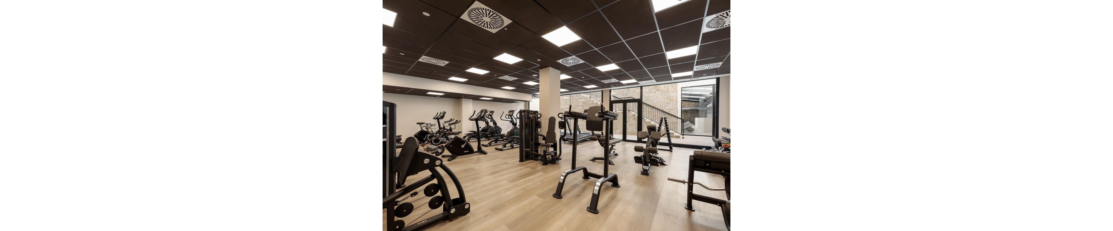 A spacious gym interior features various exercise machines, including treadmills, stationary bikes, and strength training equipment. The setting is well-lit with ceiling lights and has light wood flooring, creating a clean and contemporary atmosphere. No people are present, emphasizing the equipment and open layout. Large windows provide natural light and a view of an outdoor staircase.