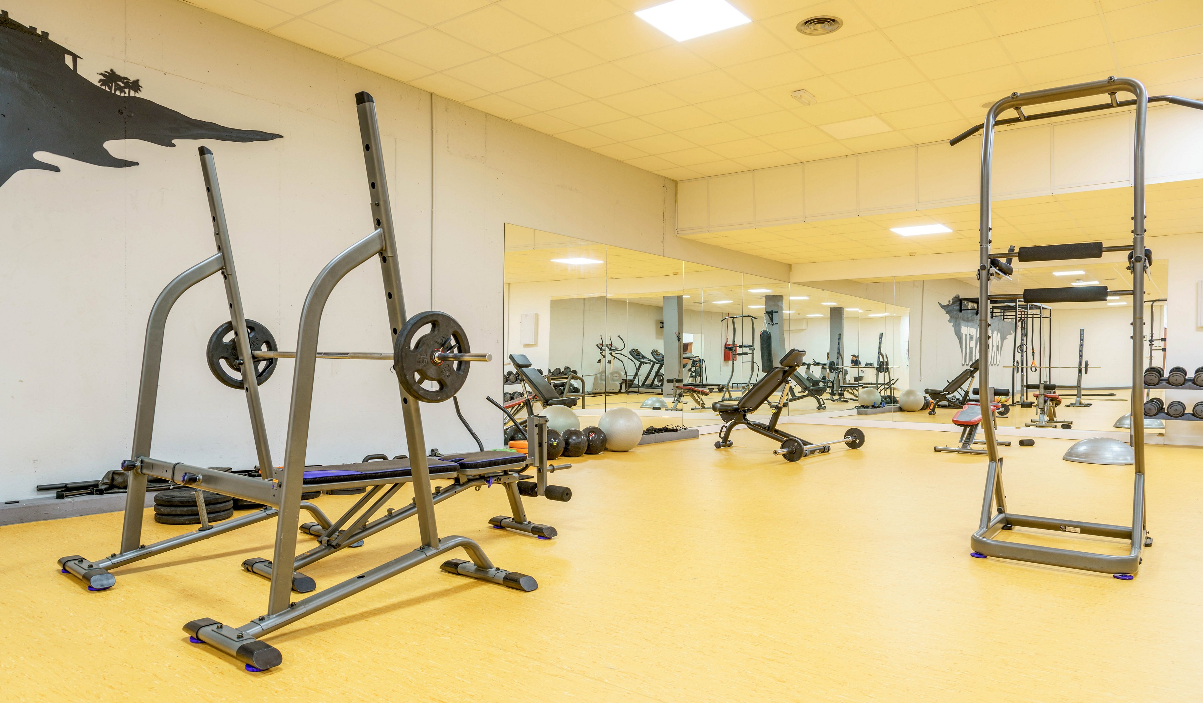 A spacious gym room features various weightlifting racks, benches, and free weights. The setting is clean and well-lit with large wall mirrors reflecting the equipment and open floor space. The yellow flooring and neutral walls create a bright, inviting atmosphere. No people are present, emphasizing the equipment and layout. No visible text or numbers are present in the image.