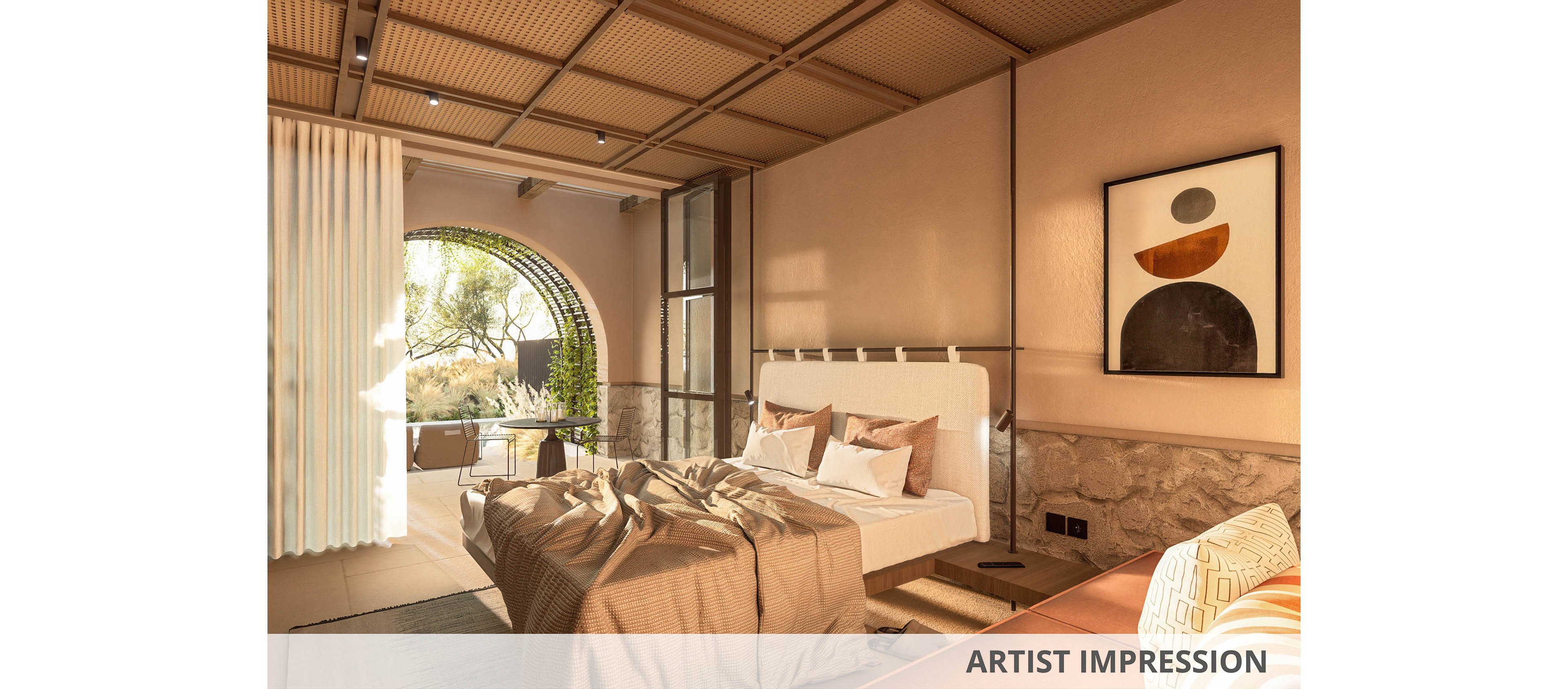 Artist impression of a contemporary bedroom featuring a large bed with neutral-toned bedding and pillows. Warm sunlight streams through an arched window and glass doors, illuminating the room and the greenery outside. The interior showcases textured walls, a patterned ceiling, and a minimalist abstract artwork above the bed. Soft beige and earthy tones create a calm, inviting atmosphere.