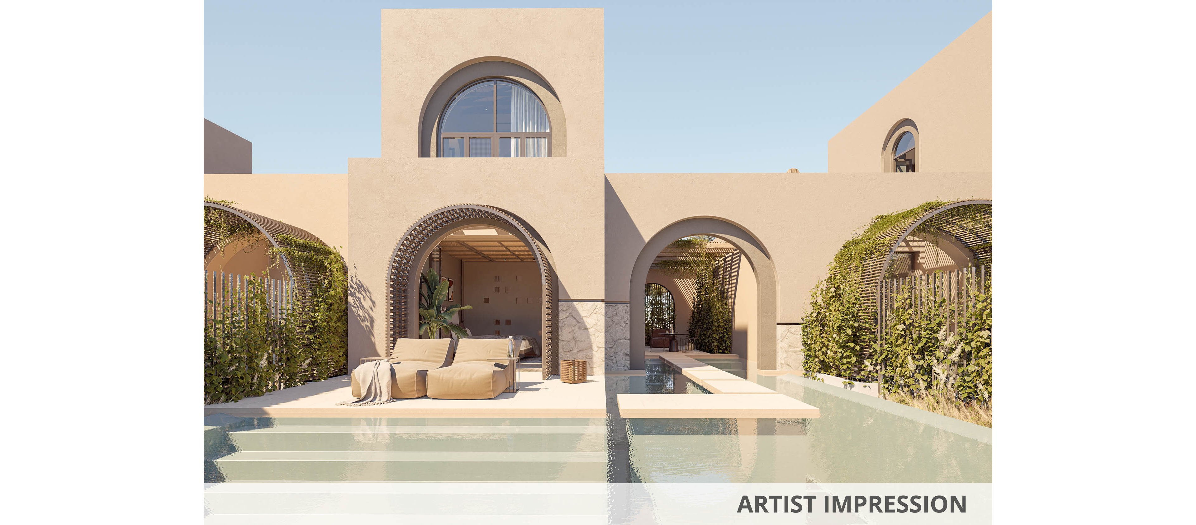 Architectural rendering of a contemporary villa featuring large arched openings and a serene swimming pool in the foreground. Two lounge chairs and a small side table sit beside the water, suggesting a relaxing outdoor living area. The building showcases warm neutral tones, curved pergola structures, and lush greenery climbing along the walls and fences. The text "ARTIST IMPRESSION" appears in the bottom right corner, indicating a conceptual visualization of the property.