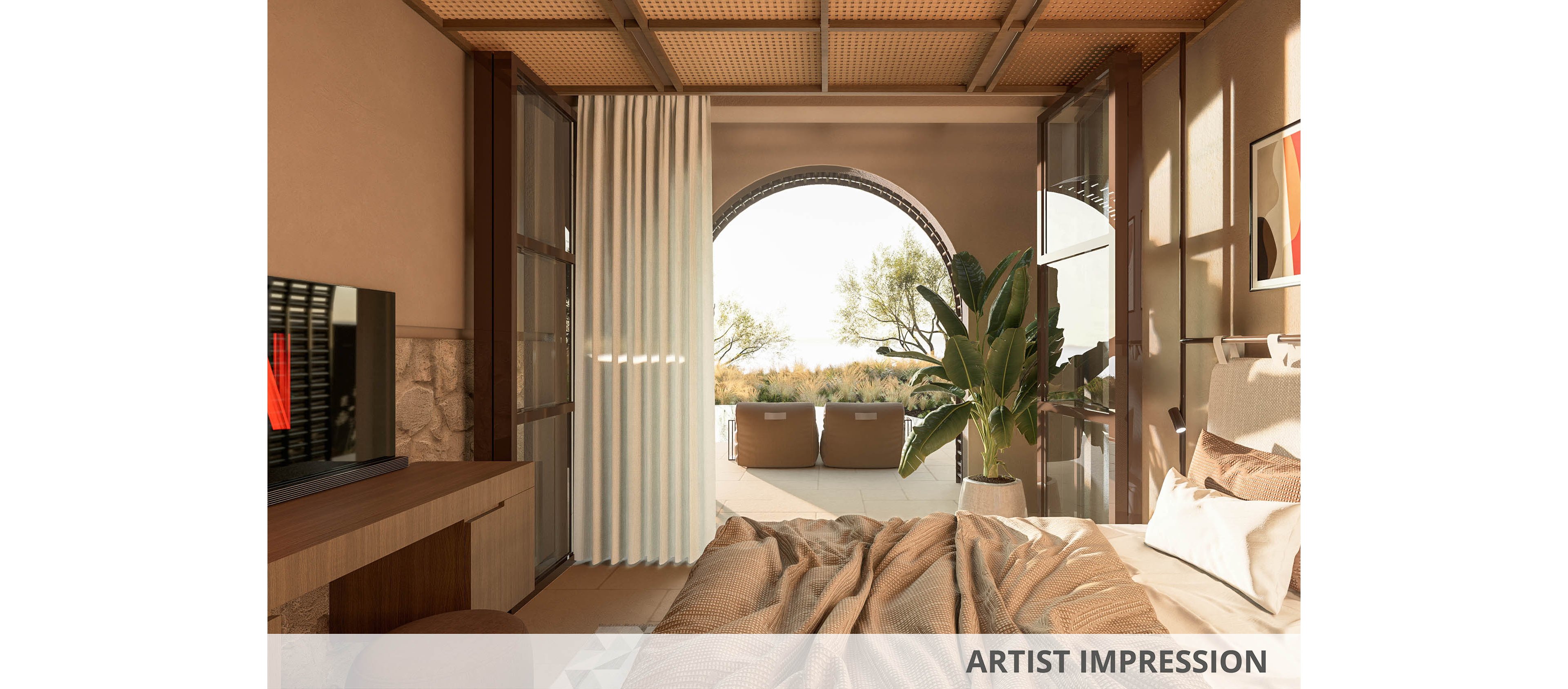 A warm, contemporary bedroom opens onto a terrace with outdoor seating and greenery. Soft beige bedding and pillows cover the bed, facing a wooden console with a television displaying a red interface. Floor-to-ceiling curtains frame glass doors leading to the arched terrace, where plants and distant trees are visible. Natural light floods the space, highlighting the neutral tones and relaxed, vacation-like atmosphere. The text "ARTIST IMPRESSION" appears along the bottom edge of the image.