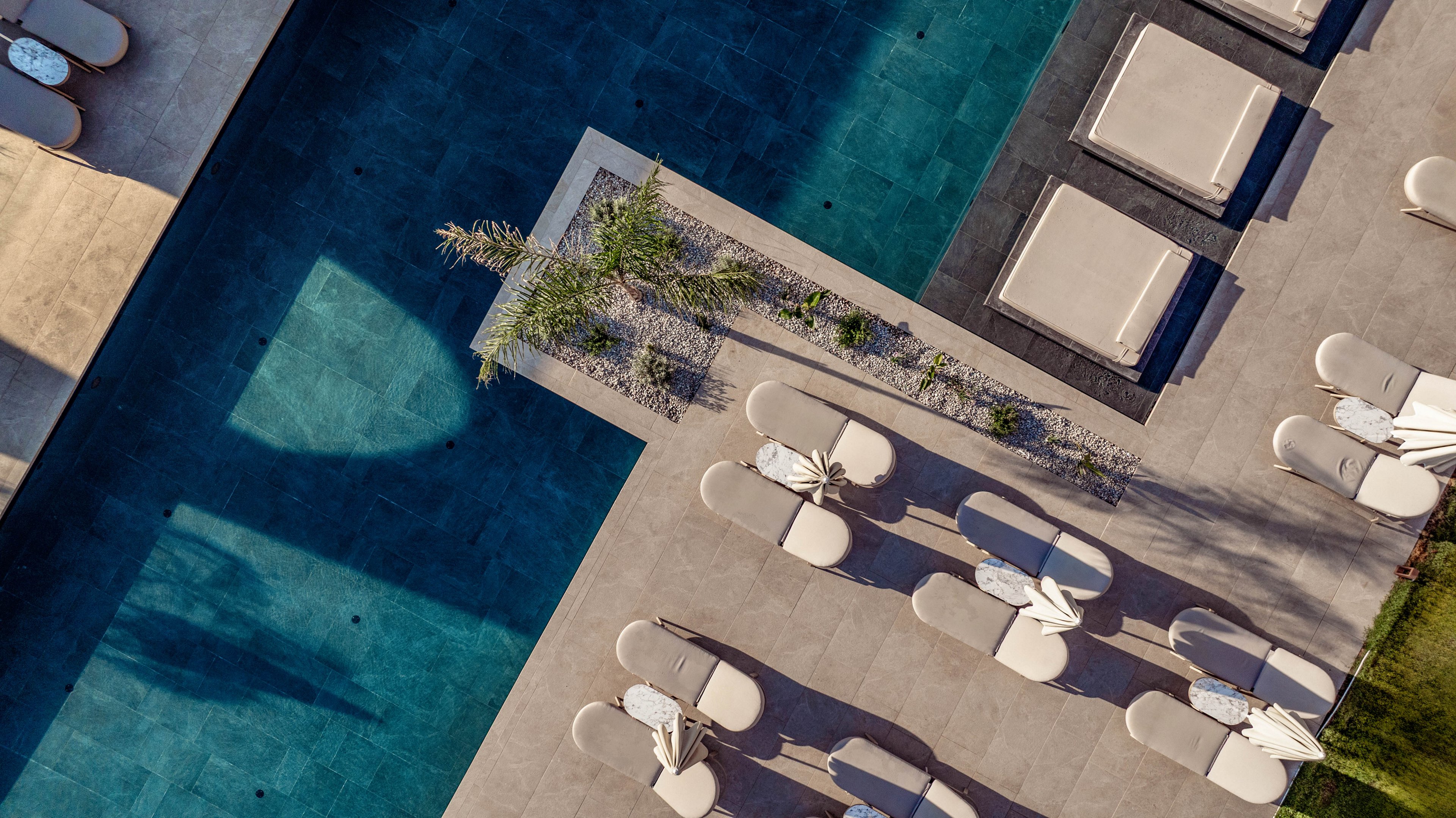 A contemporary outdoor pool area is seen from above, featuring a turquoise rectangular swimming pool and adjacent sunbathing terraces. Rows of white lounge chairs with umbrellas line the light stone deck, while larger cushioned sunbeds sit near the water. A narrow planter with small trees and greenery divides the spaces, casting long shadows across the minimalist design. The scene suggests a calm, luxurious resort environment in warm daylight.