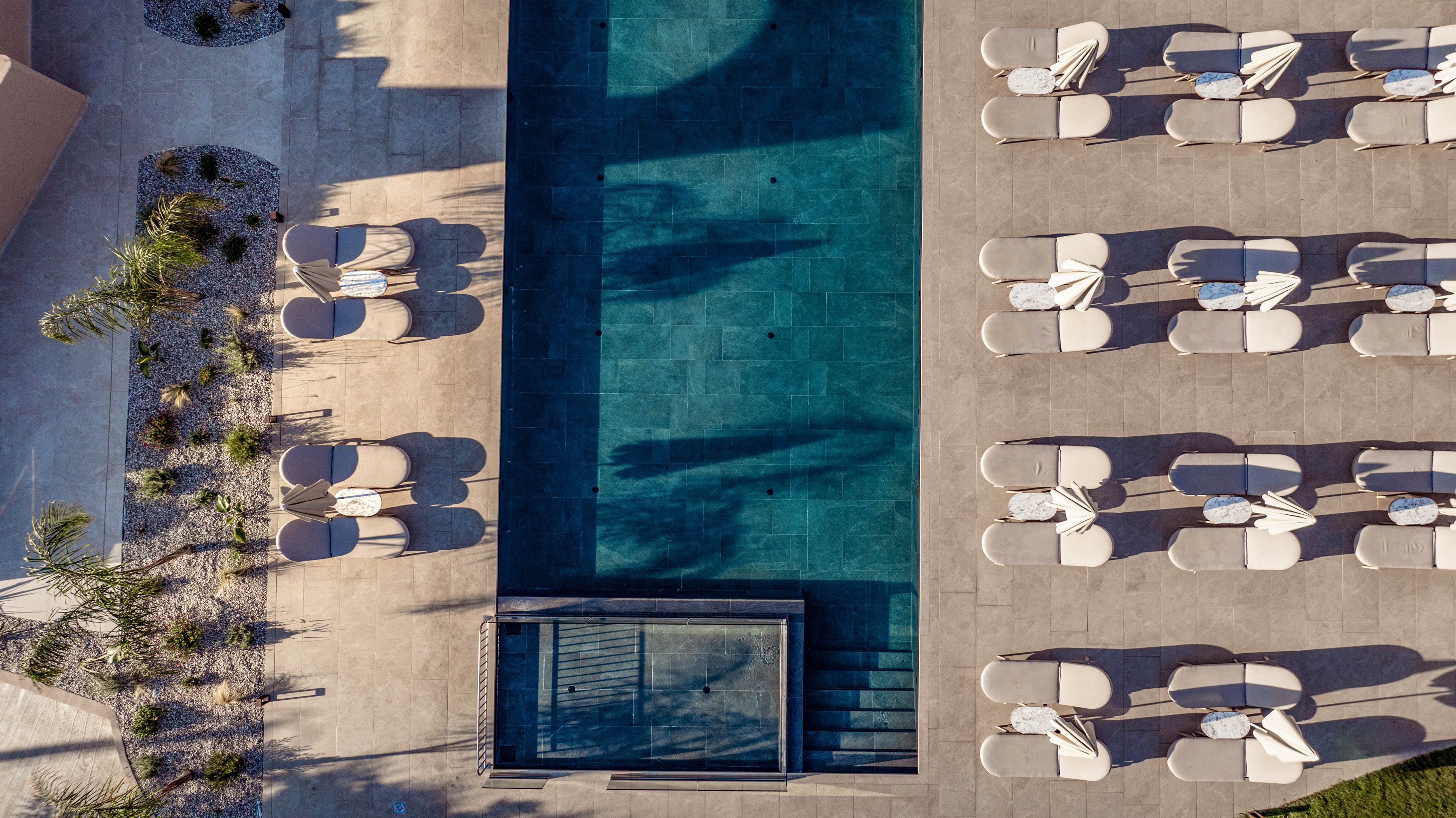 A rectangular swimming pool is seen from above in a contemporary outdoor resort setting. Rows of white sun loungers with umbrellas line both sides of the pool on a light concrete deck. Shadows from the loungers and nearby plants create strong geometric patterns across the scene. Minimalist landscaping with small shrubs and clean architectural lines emphasizes a calm, orderly atmosphere.