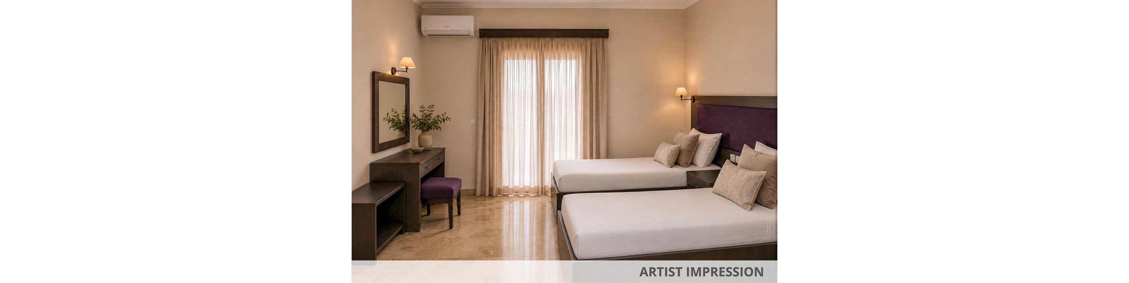 A contemporary hotel room features two neatly made twin beds with white linens and neutral accent pillows. The space includes a dark wood desk and mirror, with a small vase of greenery adding a natural touch. Sheer curtains cover a large glass door, allowing soft daylight to filter into the beige-toned room. Warm wall sconces and a ceiling light create a cozy, inviting atmosphere.
