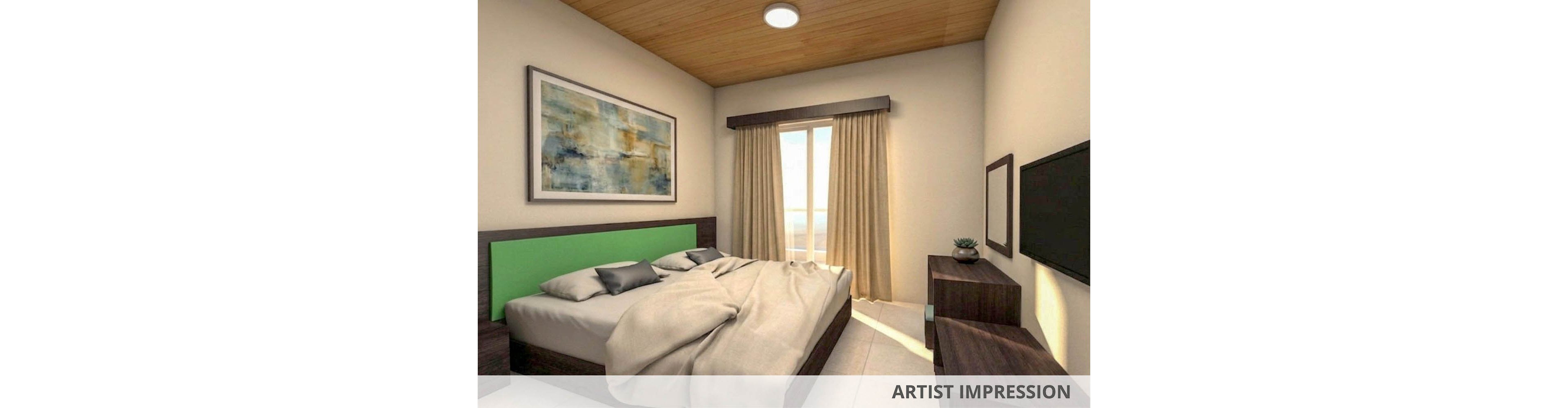 A contemporary bedroom features a double bed with neutral bedding and a green headboard. The room includes dark wooden furniture, such as bedside tables and a low dresser with a flat-screen television. Large curtains frame a glass door or window that lets in natural light. A modern abstract painting hangs above the bed, and the space has a clean, minimalist design with warm tones.