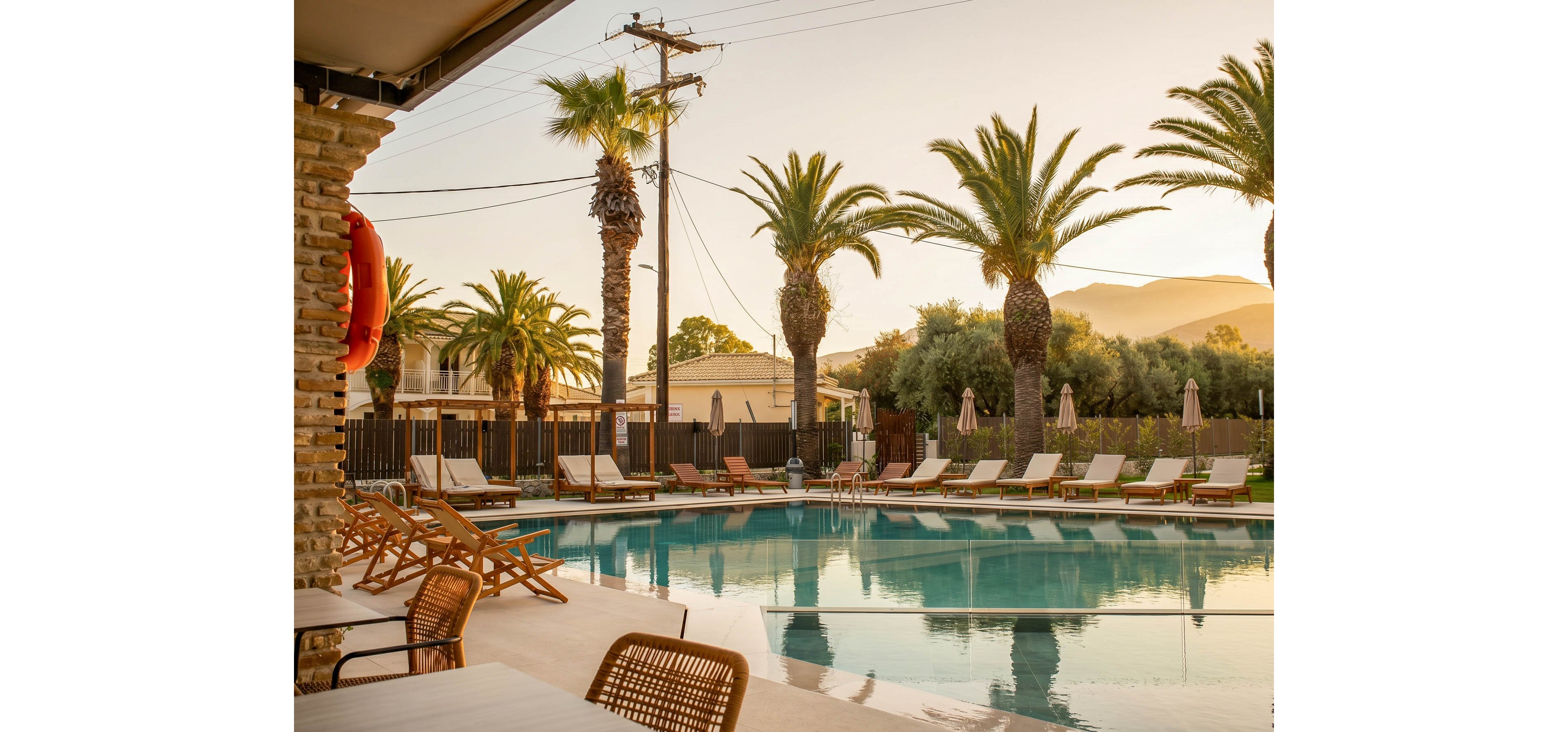 A tranquil resort swimming pool is surrounded by lounge chairs and umbrellas in the warm light of sunset. Tall palm trees line the pool area, reflecting softly on the calm water. In the background, low buildings and distant hills create a relaxed vacation atmosphere. The scene is empty of people, emphasizing serenity and leisure.