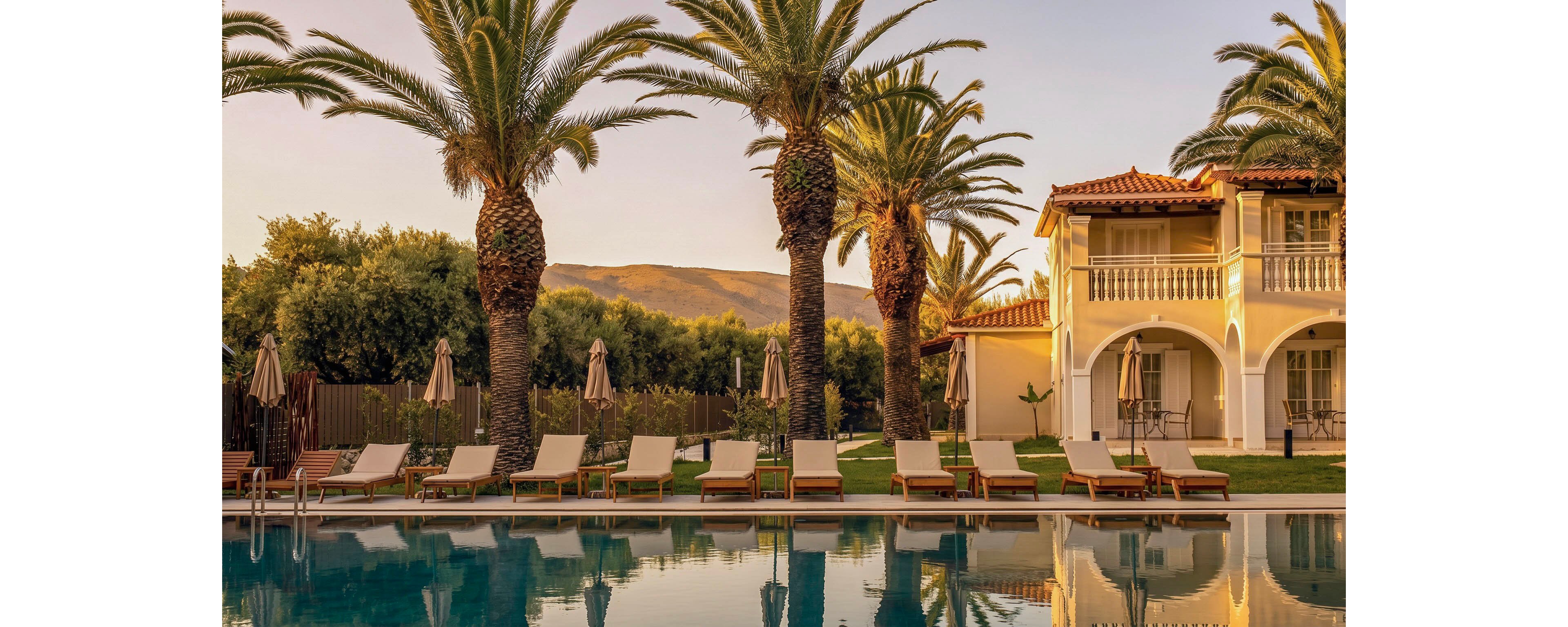 A tranquil resort pool is lined with lounge chairs and umbrellas beneath tall palm trees. A two-story Mediterranean-style building with balconies and arches stands to the right, reflecting in the calm water. The warm golden light of sunset casts a soft glow over the scene and distant hills. The setting suggests a peaceful vacation destination with a relaxed, luxurious atmosphere.