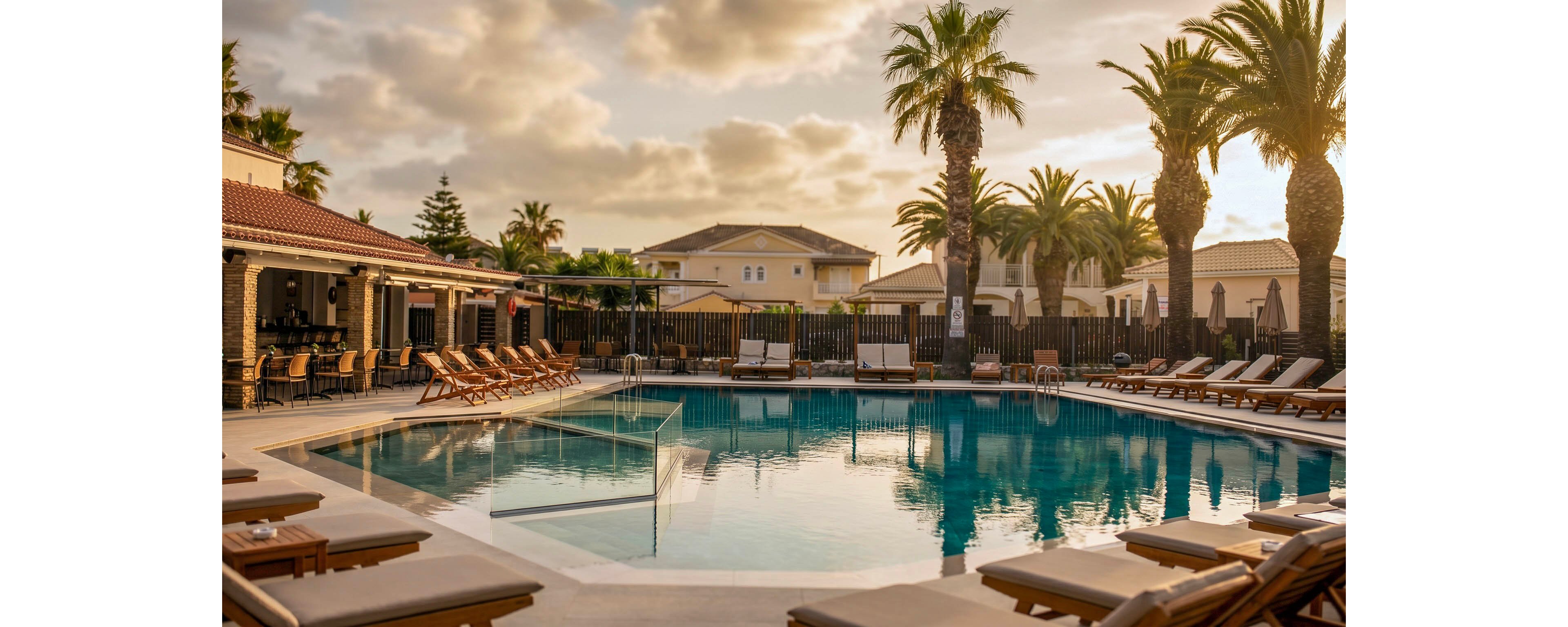 A tranquil resort-style swimming pool is surrounded by cushioned lounge chairs and umbrellas in a landscaped courtyard. Palm trees frame the scene, and low-rise villas or houses are visible in the background. The calm water reflects the warm evening sky with soft clouds. The setting suggests a relaxing vacation atmosphere with comfortable seating and shaded areas around the pool.