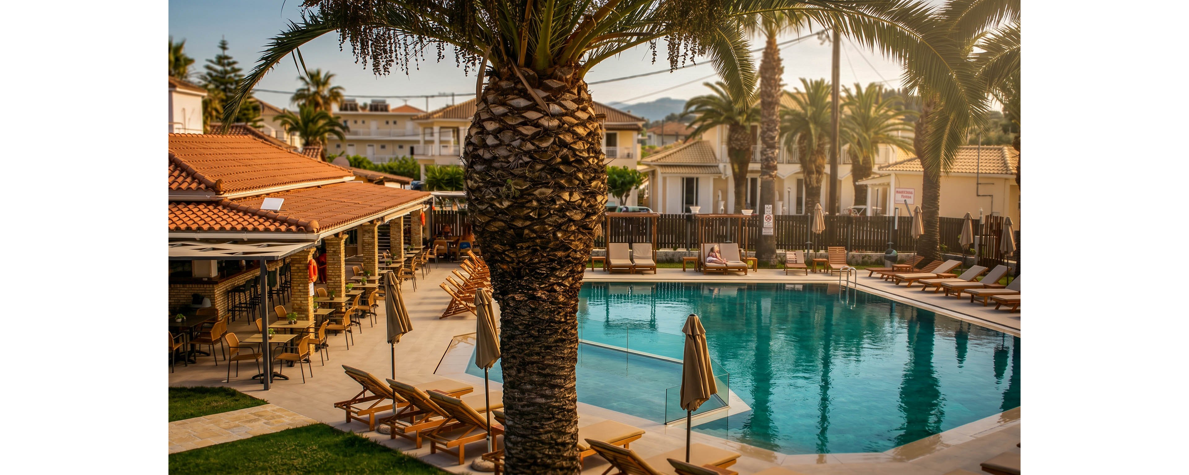 A tranquil resort swimming pool is surrounded by lounge chairs and umbrellas beneath tall palm trees. Warm sunlight reflects off the calm blue water, creating a relaxed vacation atmosphere. Low-rise villas and a tiled-roof poolside bar frame the scene in the background. The setting appears quiet and inviting, ideal for leisure and relaxation.