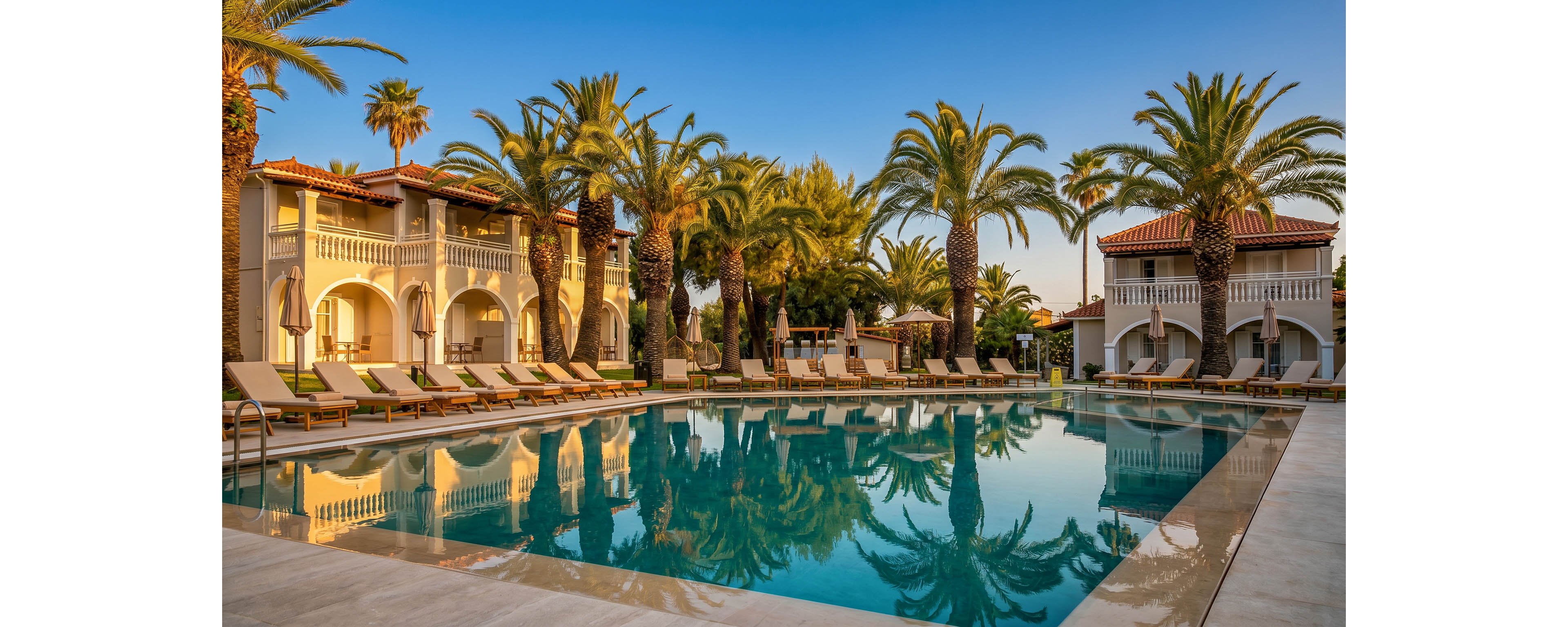 A luxurious resort pool is surrounded by elegant villas and tall palm trees under a clear evening sky. Sun loungers line the poolside, creating a relaxing atmosphere for guests. The calm water reflects the architecture and greenery, enhancing the tranquil scene. Warm golden light suggests a sunset or late afternoon setting, emphasizing the vacation mood.