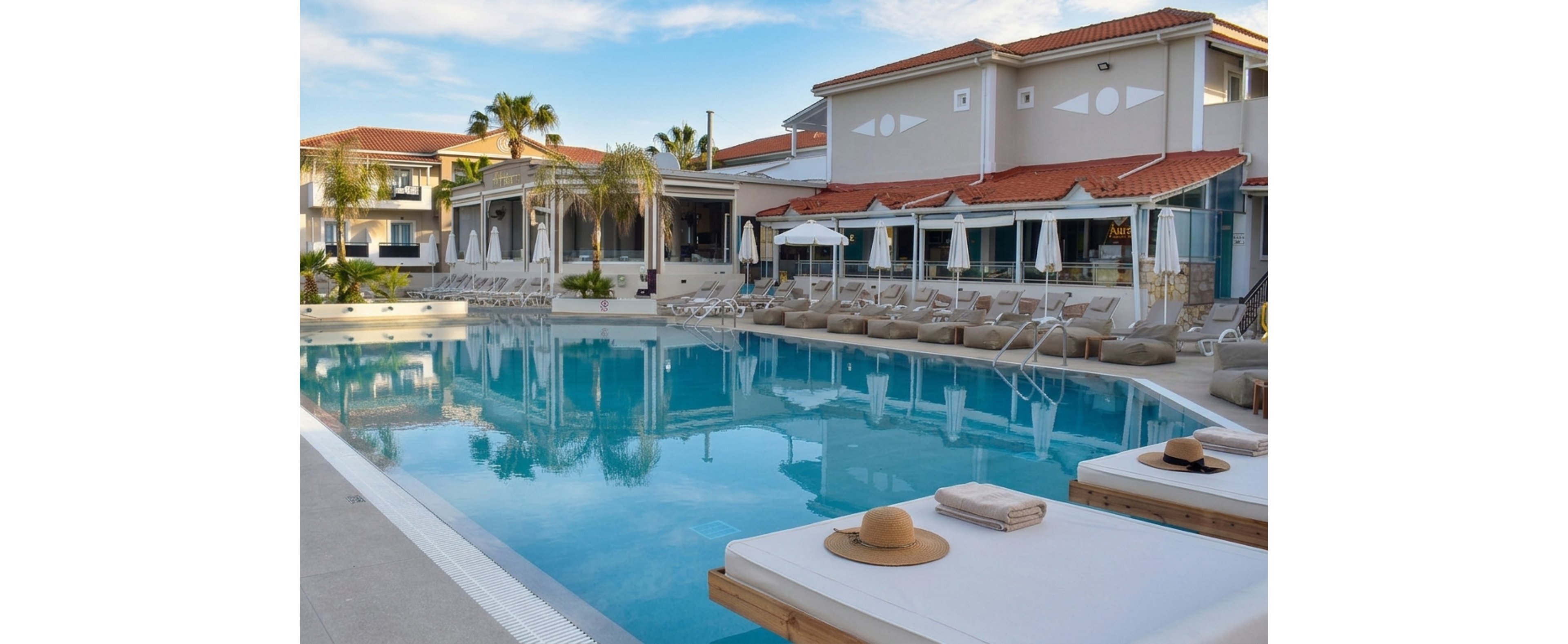 A tranquil resort swimming pool is lined with cushioned sun loungers and umbrellas beside a modern hotel building. Palm trees and soft reflections on the water create a relaxed vacation atmosphere. In the foreground, wide daybeds with hats and folded towels suggest leisurely sunbathing. The scene is calm and inviting, with warm light and clear blue sky enhancing the holiday mood.