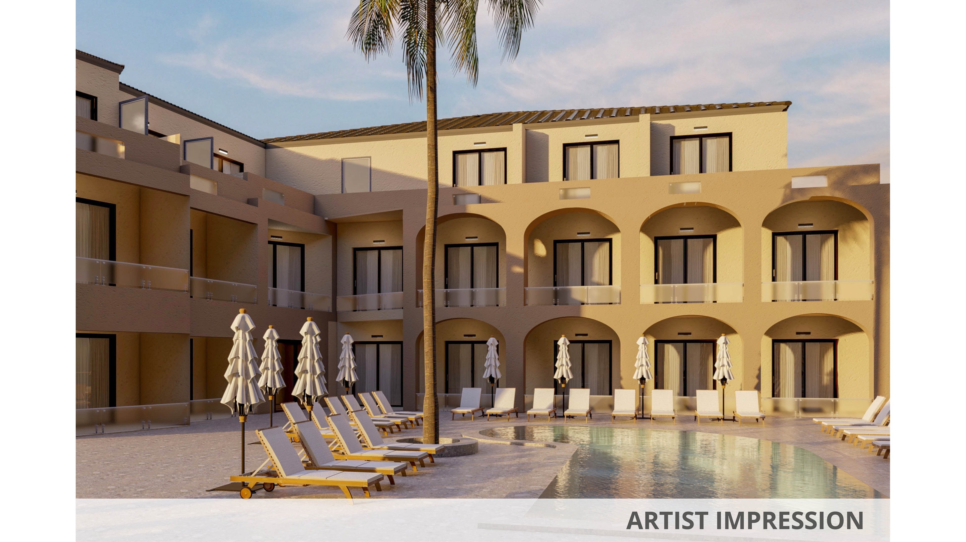 A contemporary resort courtyard features a central swimming pool surrounded by multiple stories of beige balconies and arched terraces. Sun loungers line the poolside, many paired with closed white umbrellas, suggesting a calm and orderly setting. A tall palm tree stands prominently in the middle of the scene, adding a tropical touch. Warm, soft lighting creates a relaxed vacation atmosphere in this quiet outdoor space.