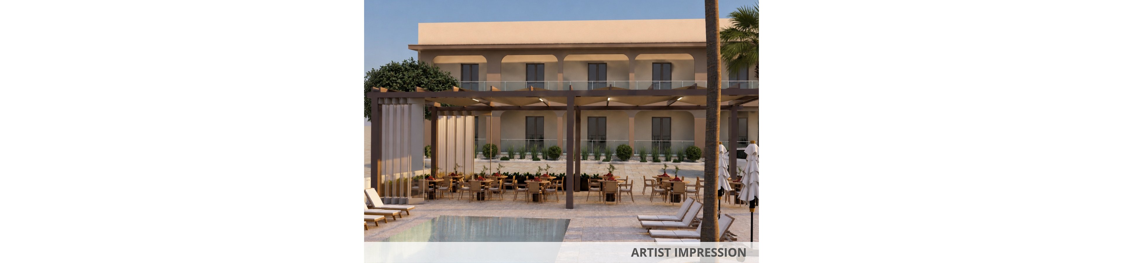 A contemporary hotel courtyard features a swimming pool in the foreground with several white lounge chairs arranged along the deck. Behind the pool, an open-air terrace with a wooden pergola shelters neatly arranged dining tables and chairs. The multi-story building in the background has balconies with glass railings and potted greenery. Palm trees and trimmed shrubs add a resort-like atmosphere under warm, natural daylight.