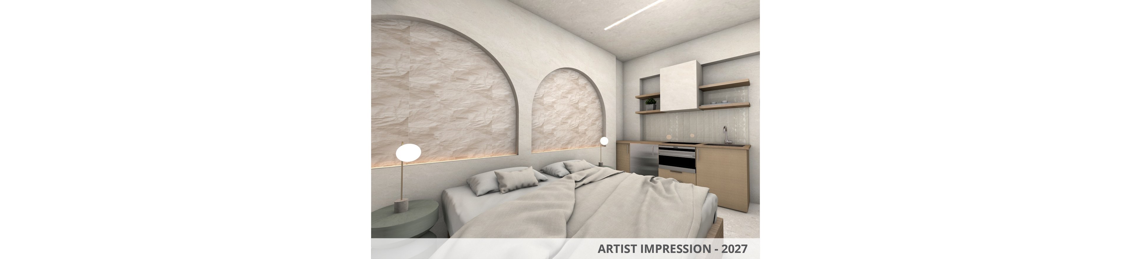 Artist impression of a compact studio bedroom featuring a double bed and integrated kitchenette. The room has light neutral walls with two large arched recesses and soft ambient lighting. Minimalist bedside lamps and simple shelving contribute to a clean, contemporary aesthetic. Text at the bottom reads "ARTIST IMPRESSION - 2027," indicating a future design concept.