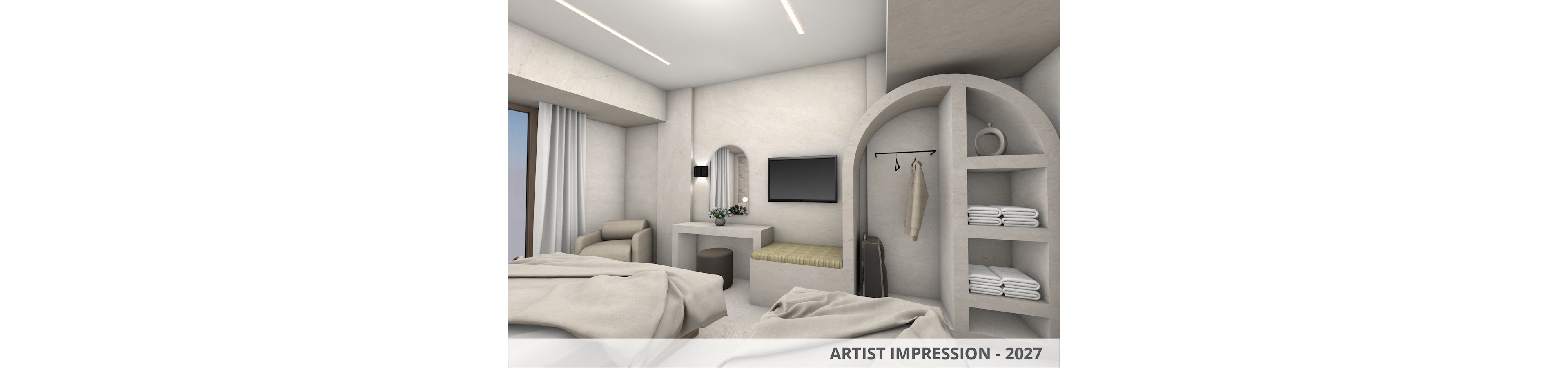 3D rendering of a contemporary hotel room with two beds in a soft neutral color palette. The space features a wall-mounted television, a built-in bench, and an arched open wardrobe with neatly folded towels. A small desk with a round mirror and a vase of flowers adds a touch of decor, while a lounge chair sits near the window with curtains. Text at the bottom reads ARTIST IMPRESSION - 2027, indicating a future design concept.