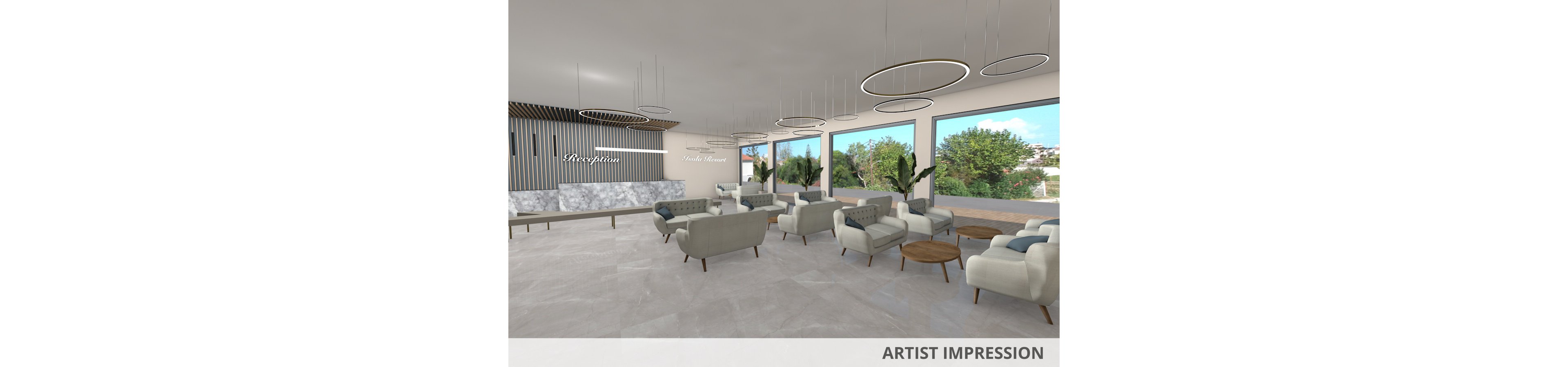 A spacious hotel lobby features contemporary lounge chairs and sofas arranged in conversational groups. Large windows provide abundant natural light and views of greenery outside. The reception area and a sign reading 'Hotel Name' are visible on the back wall. The color palette is neutral with soft grays, whites, and wood accents, complemented by modern circular ceiling lights. The atmosphere is welcoming and stylish, ideal for guests to relax or wait.