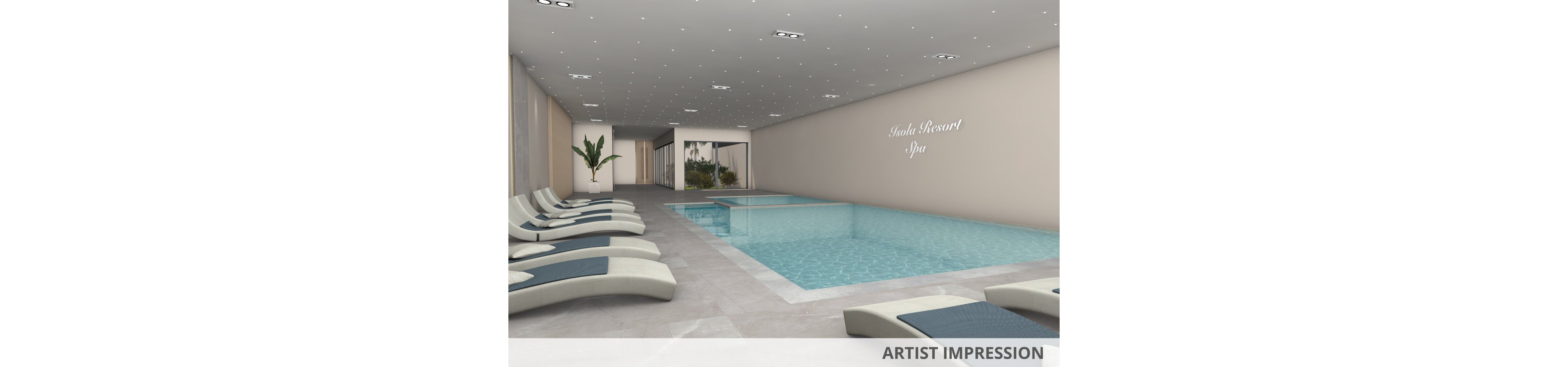 A serene indoor swimming pool is featured at Isalu Resort Spa, with several contemporary lounge chairs arranged along the poolside. The setting is minimalist and elegant, with soft lighting and neutral tones creating a relaxing atmosphere. The pool area is spacious, with a visible sign reading 'Isalu Resort Spa' on the wall. Large windows at the far end allow natural light to filter in, and a potted plant adds a touch of greenery.