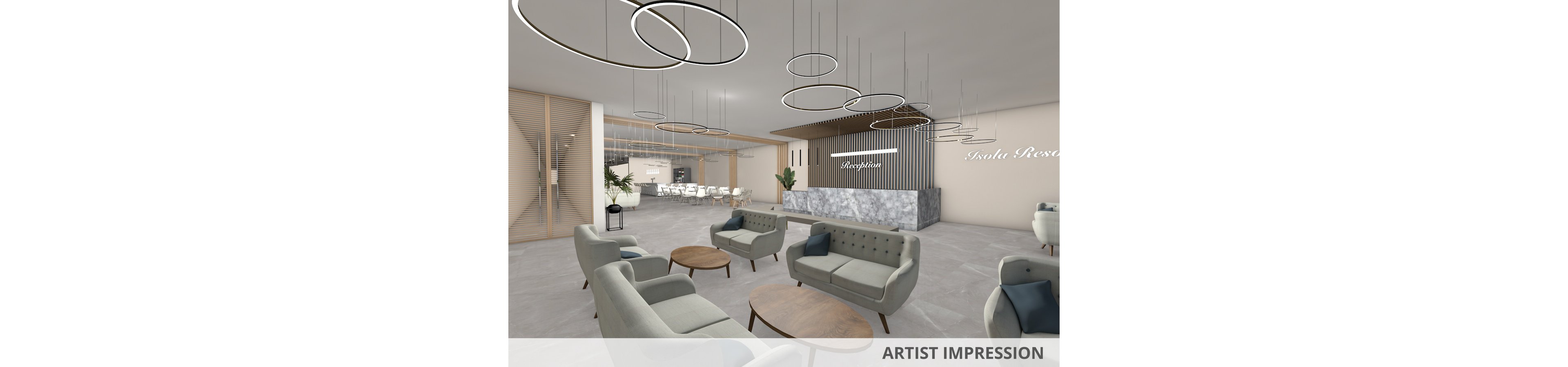 A contemporary resort reception area features a marble front desk with the word 'Reception' clearly visible. The space is decorated with circular pendant lights, neutral-toned sofas, and wooden tables, creating a welcoming atmosphere. The wall displays the name 'Isola Resort' in elegant script. The overall palette is soft and modern, with open sightlines to a seating area in the background.