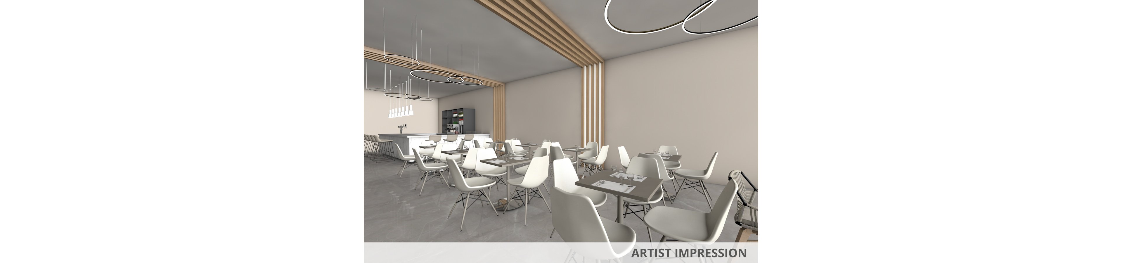 A contemporary cafe features sleek white chairs and tables arranged in a spacious, open layout. The setting is defined by minimalist design elements, including geometric lighting fixtures and light wood accents on the ceiling and walls. The neutral color palette of whites and grays creates a calm, inviting atmosphere. The bar area is visible in the background, adding to the modern aesthetic. No people are present in the scene.