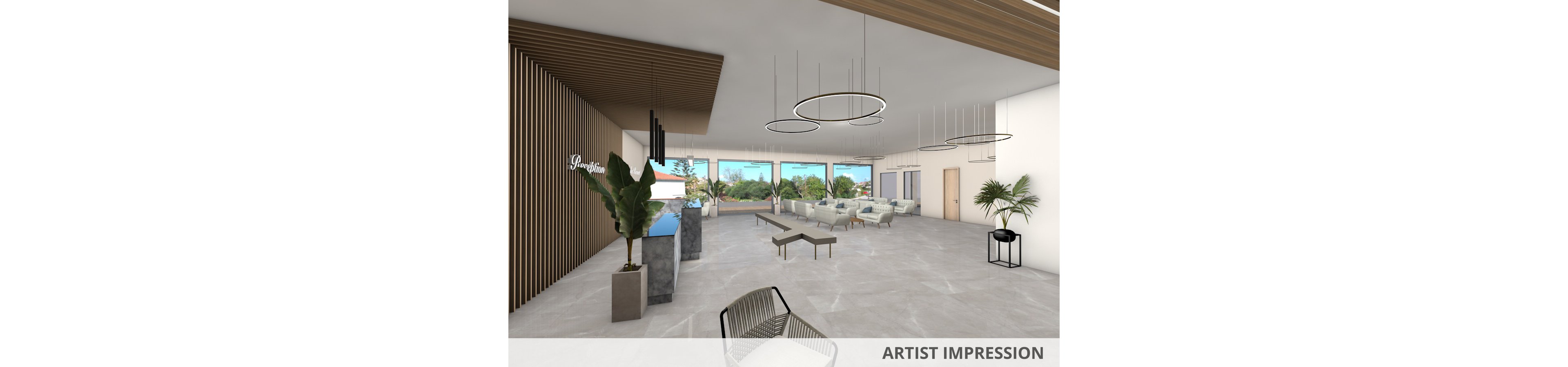 A spacious, contemporary hotel lobby features minimalist lounge seating and large windows overlooking greenery. The setting includes modern circular pendant lights, indoor potted plants, and a marble reception desk. The word 'Reception' is clearly visible on the wall. The color palette is neutral with accents of wood and greenery, creating a calm and welcoming atmosphere.
