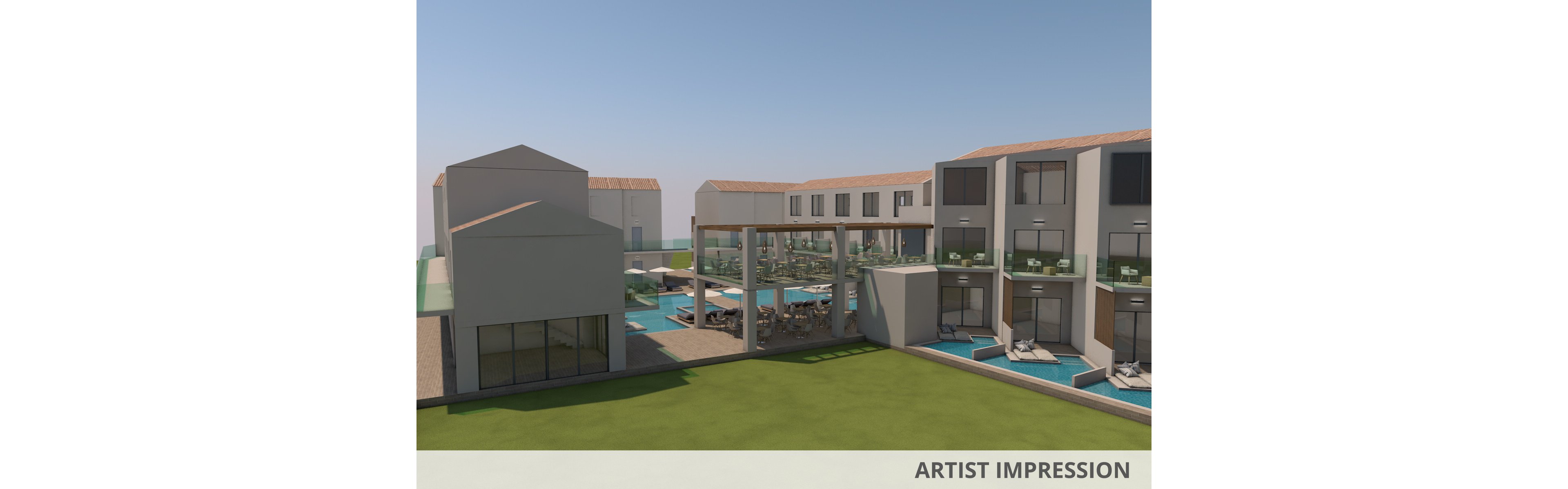 A contemporary hotel complex features multiple buildings with large windows and balconies. The central area includes an outdoor pool surrounded by sun loungers and shaded dining spaces. The setting is bright and sunny, with a clear sky and a spacious green lawn in the foreground. The architectural style is minimalist with clean lines and neutral tones. No visible text or numbers are present in the image.