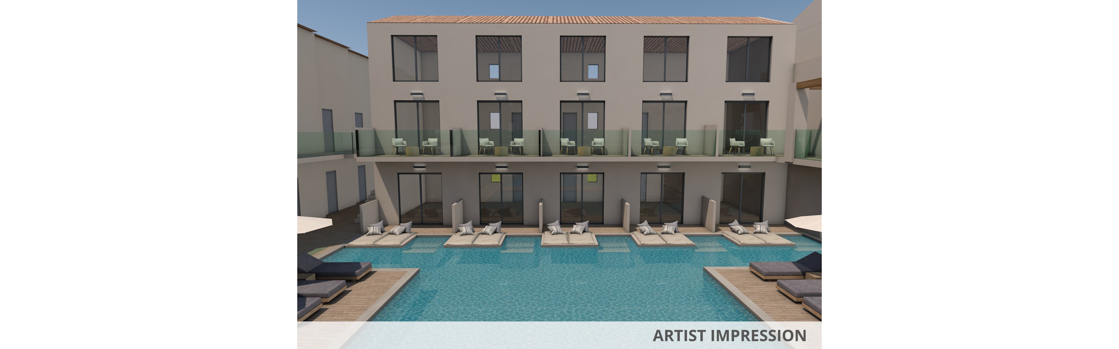 A contemporary hotel building features large glass windows and balconies overlooking a central swimming pool. Poolside lounge chairs and umbrellas are arranged on wooden decks, creating a relaxing atmosphere. The setting is bright and sunny, with clean architectural lines and a minimalist design. No visible people or text are present in the image.