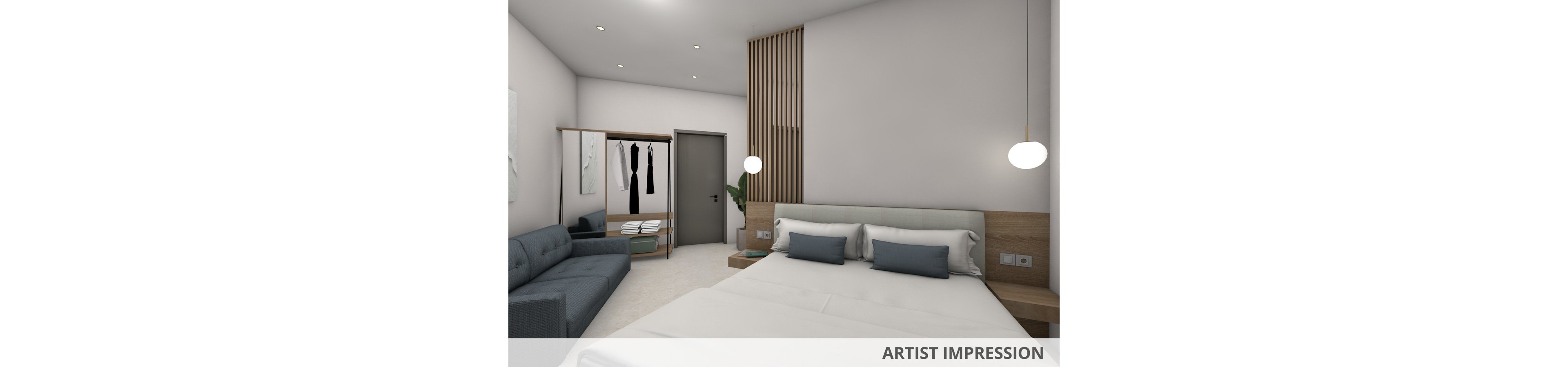 A contemporary hotel room features a large bed with white linens and blue accent pillows. The space includes a sleek blue sofa, a wooden wardrobe with hanging clothes, and a minimalist vanity area. Warm wood tones and soft lighting create a calm, inviting atmosphere. The room is decorated in a neutral palette with modern art on the walls.
