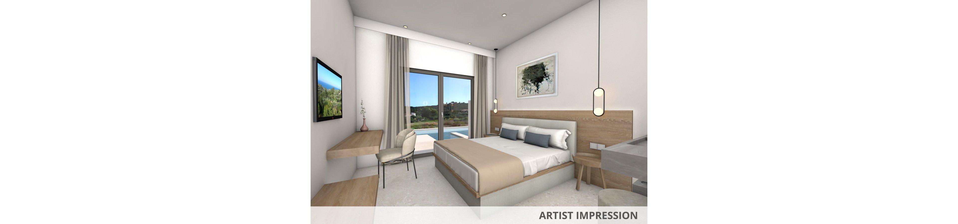 A contemporary bedroom features a large bed with neutral bedding, a wooden desk, and a chair. The room is bright with natural light from a large window overlooking a pool and landscape. Minimalist decor includes pendant lights, a wall-mounted TV, and abstract wall art. The color palette is soft with beige, white, and light wood tones. No visible text or numbers are present in the image.