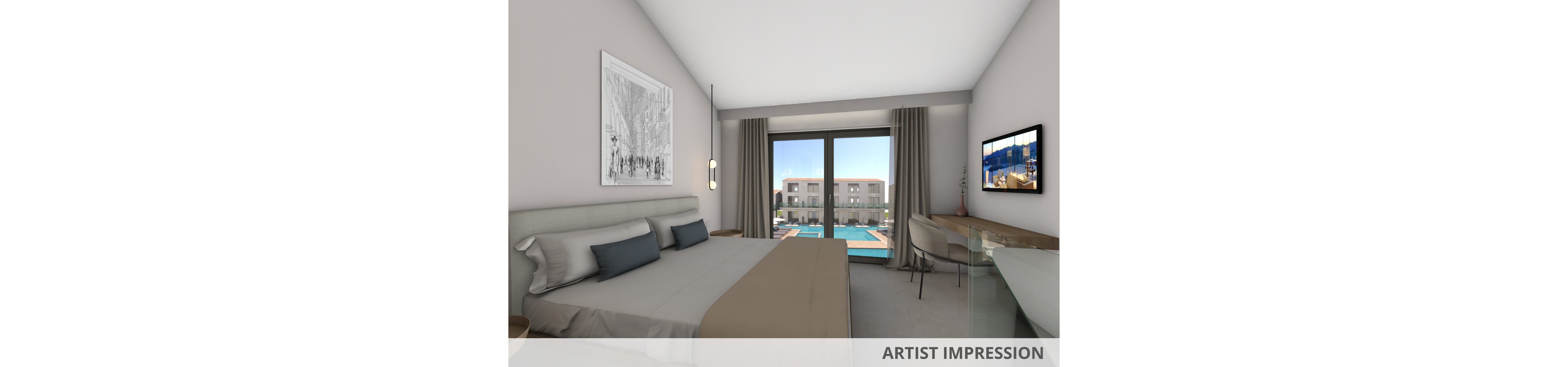 A contemporary hotel room features a large bed with neutral bedding, a desk, and a glass chair. The room overlooks a swimming pool and apartment buildings through wide glass doors, allowing natural light to fill the space. Minimalist decor, soft gray and beige tones, and a wall-mounted TV create a calm, inviting atmosphere.