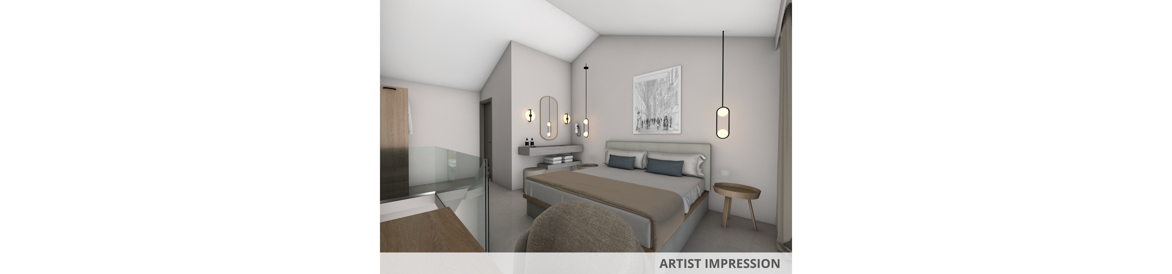 A contemporary bedroom features a large bed with neutral bedding, flanked by pendant lights and a wooden side table. The space is decorated in soft beige and gray tones, with clean lines and minimal decor. Wall art and mirrors add visual interest, while a desk and chair are positioned near a glass railing. The overall mood is calm and inviting, with a focus on simplicity and comfort.